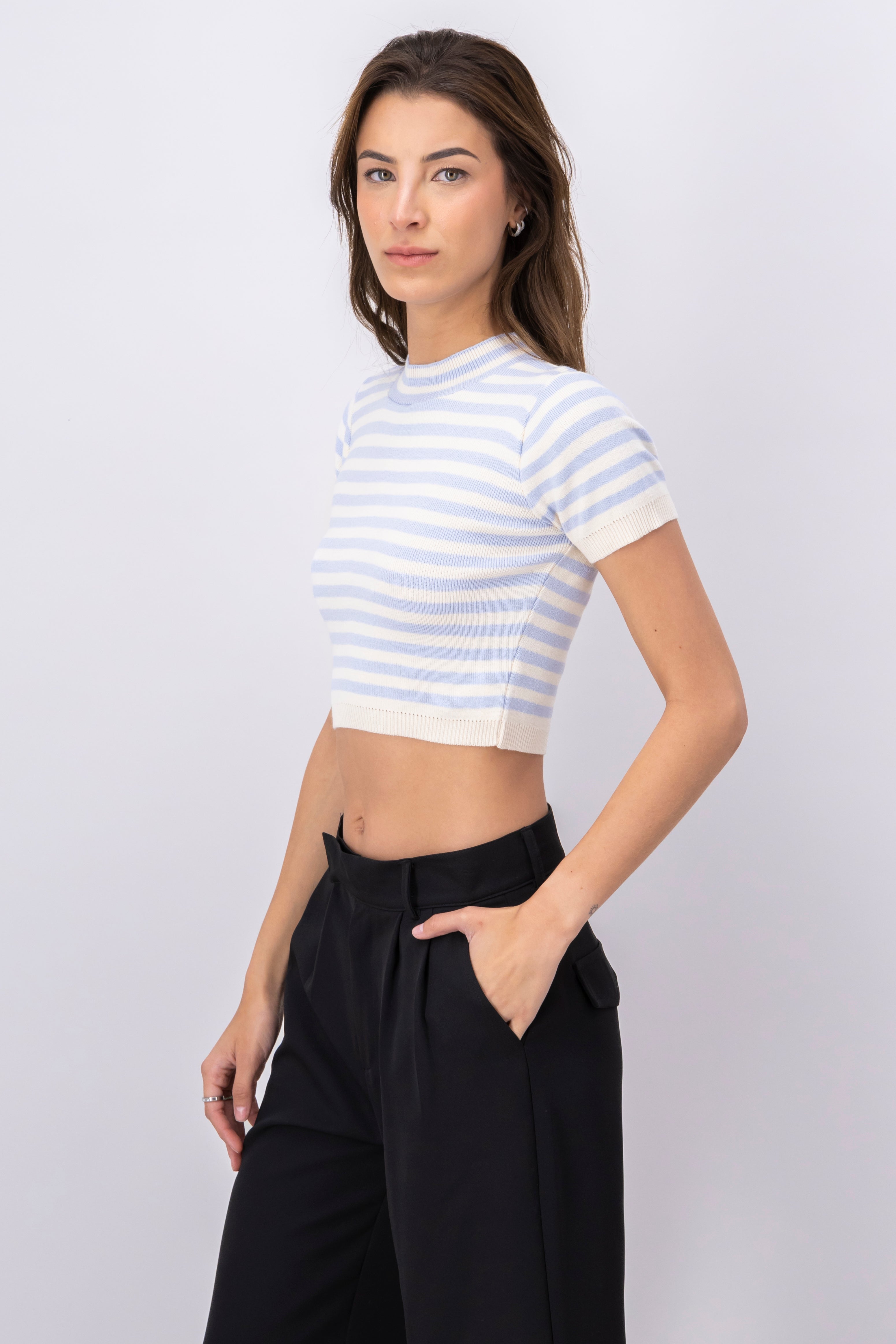 Striped Round Neck Crop Top SKY BLUE