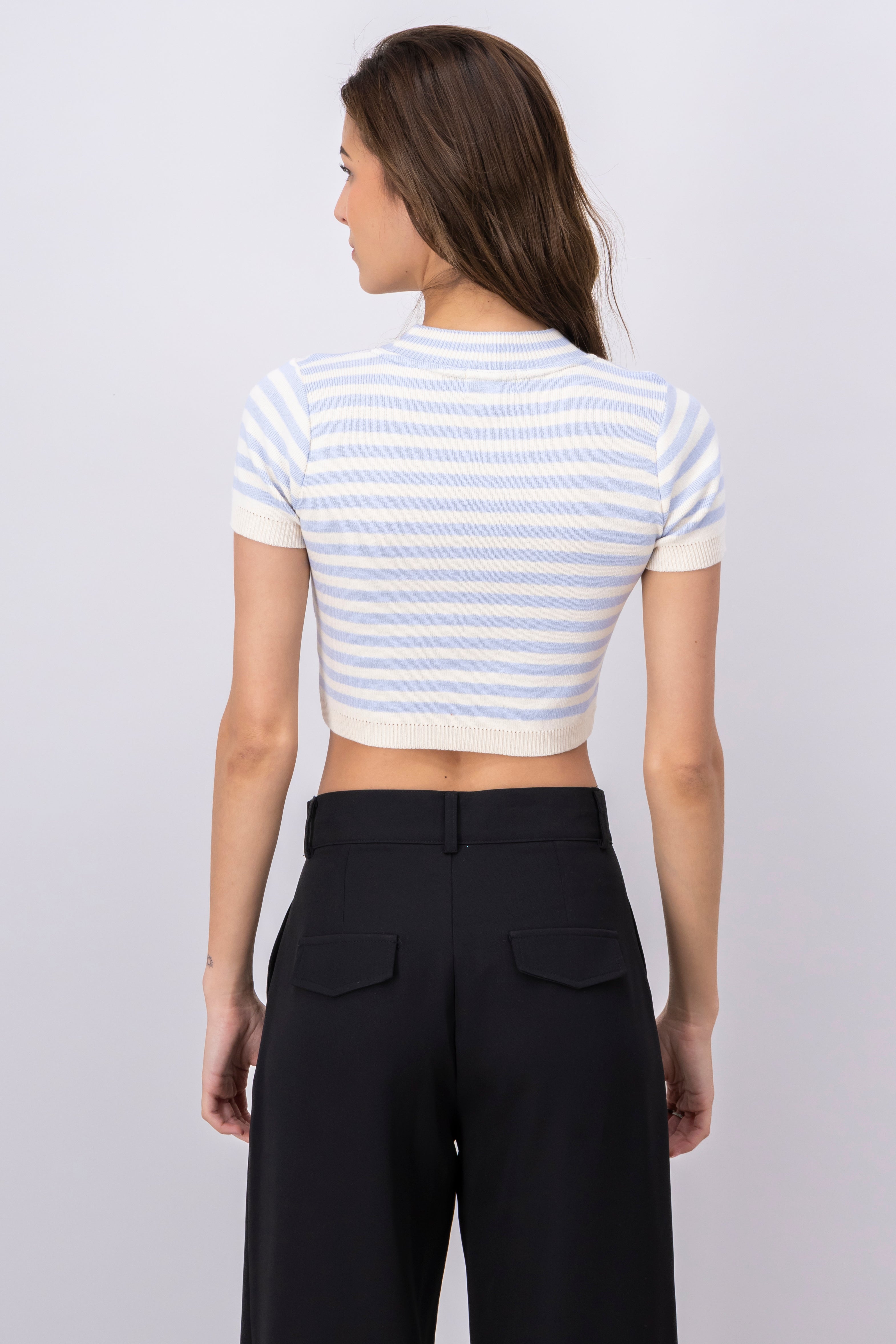 Striped Round Neck Crop Top SKY BLUE