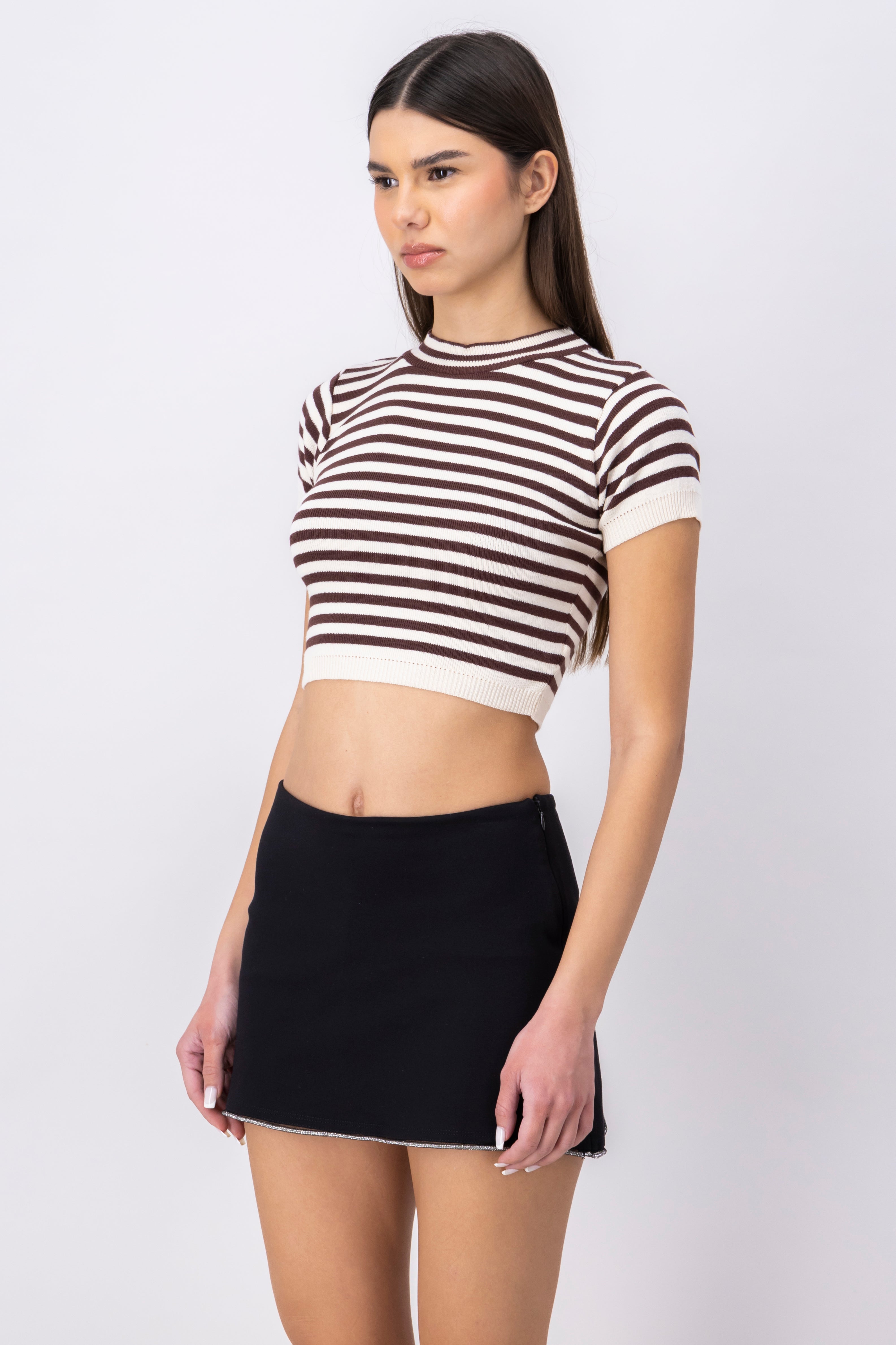 Striped Round Neck Crop Top BROWN