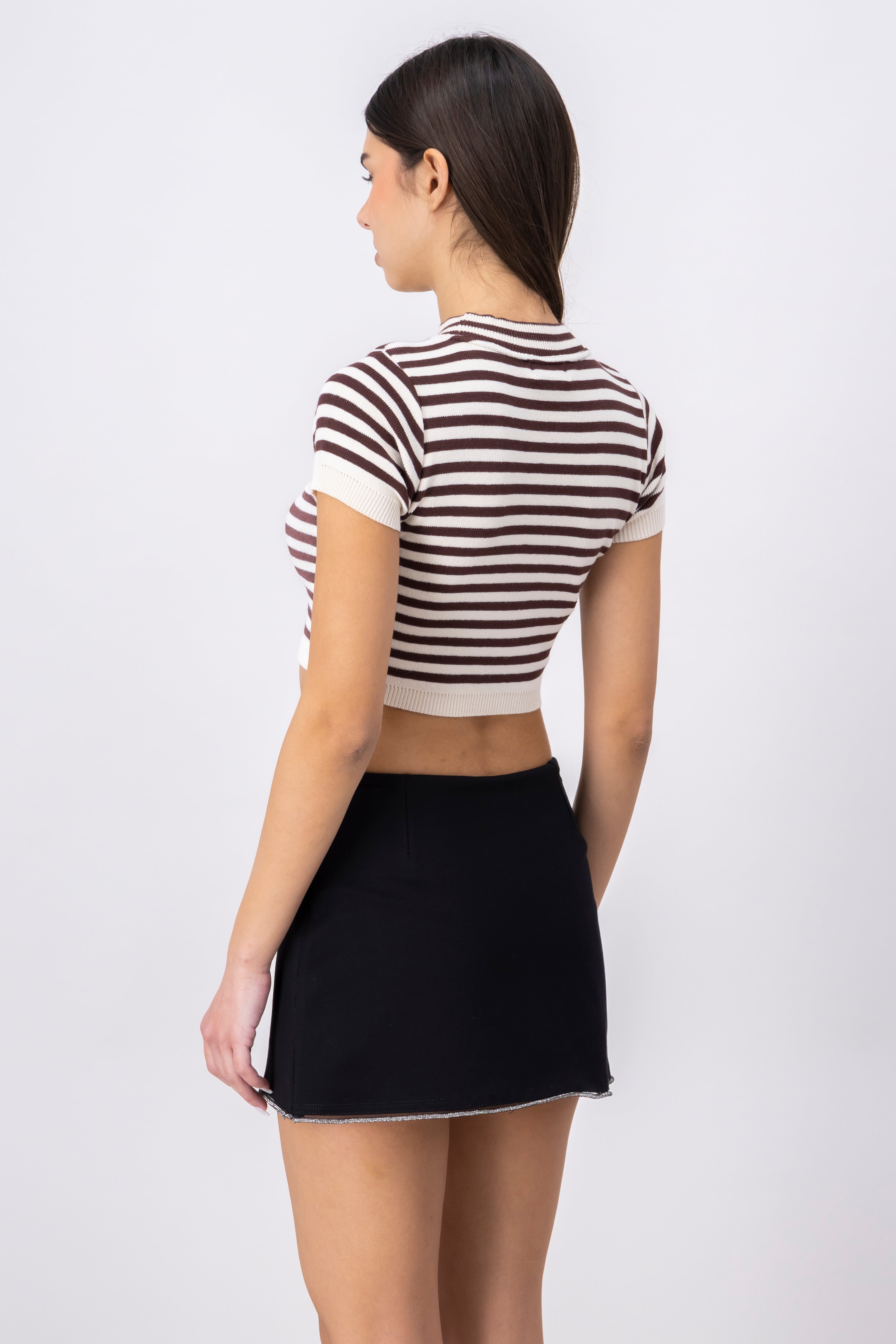 Striped Round Neck Crop Top BROWN