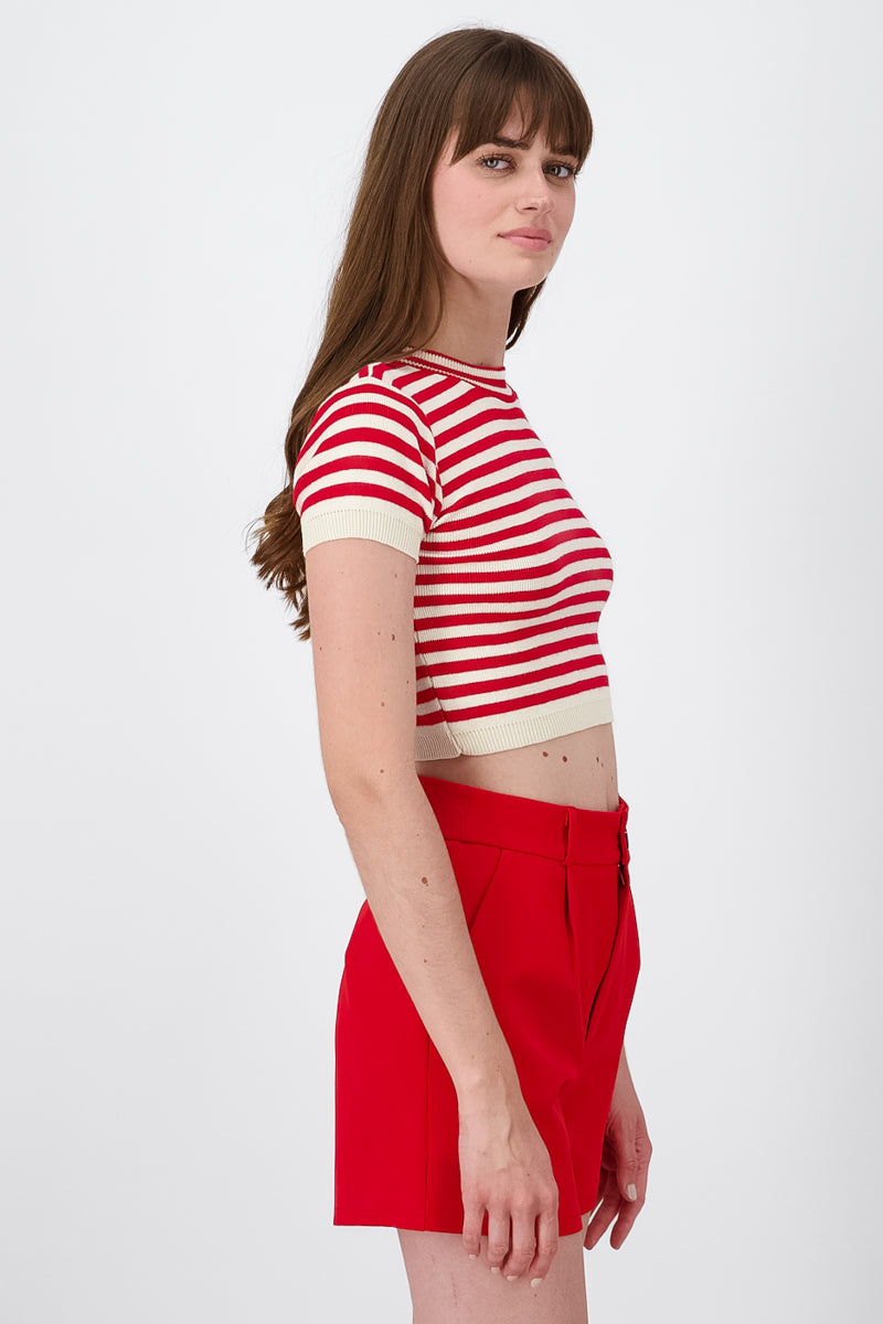 Striped Round Neck Crop Top RED