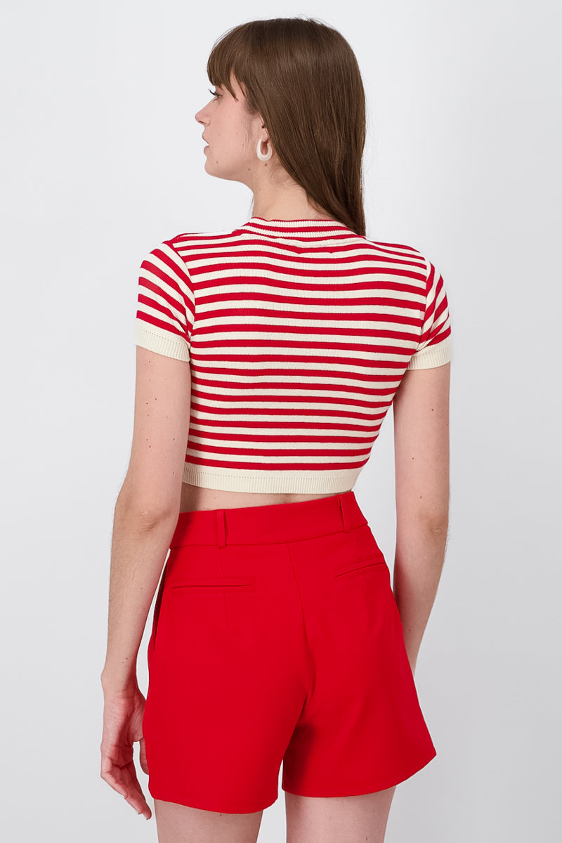 Striped Round Neck Crop Top RED