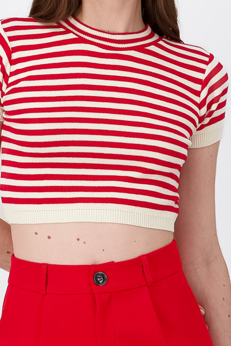 Striped Round Neck Crop Top RED