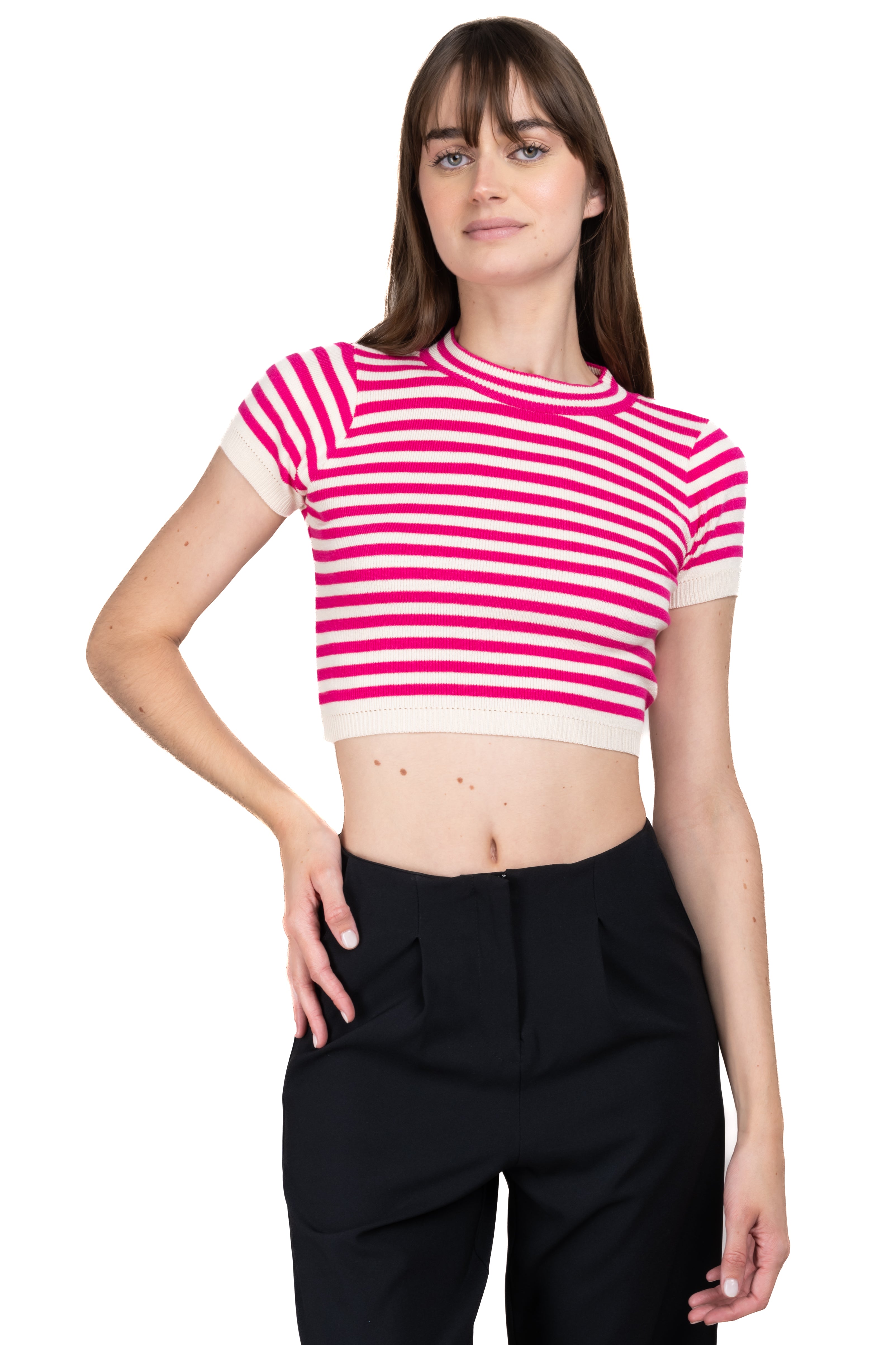 Striped Round Neck Crop Top FUCHSIA