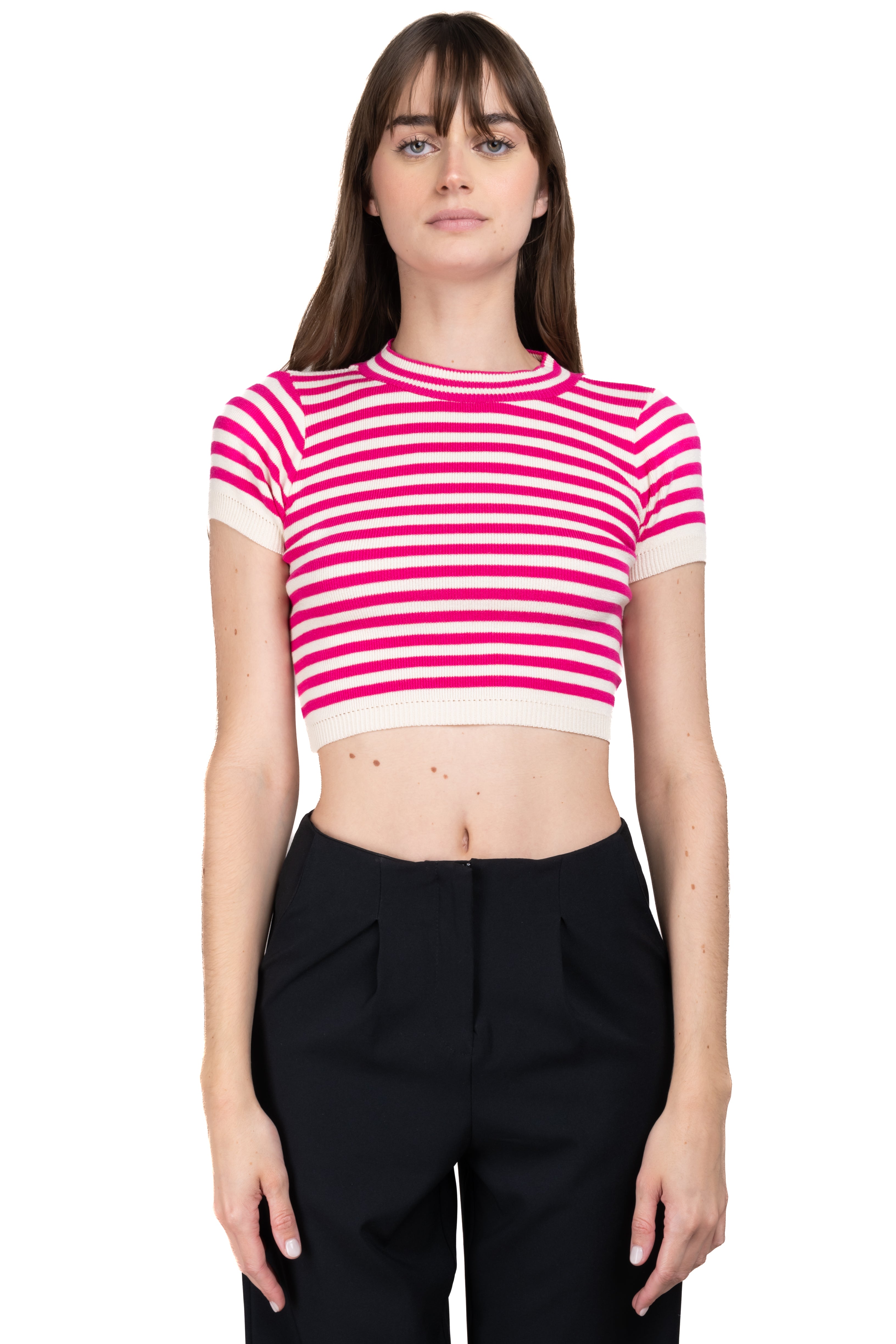 Striped Round Neck Crop Top FUCHSIA