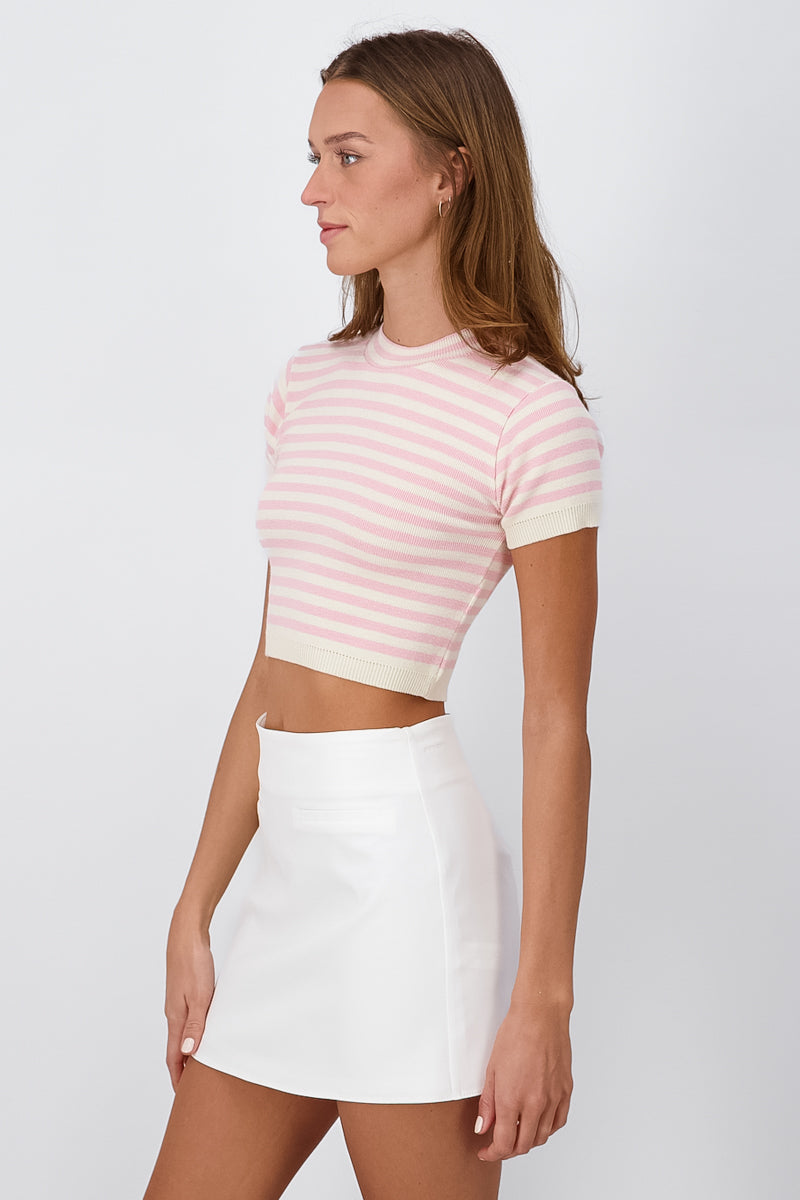 Striped Round Neck Crop Top PASTEL PINK