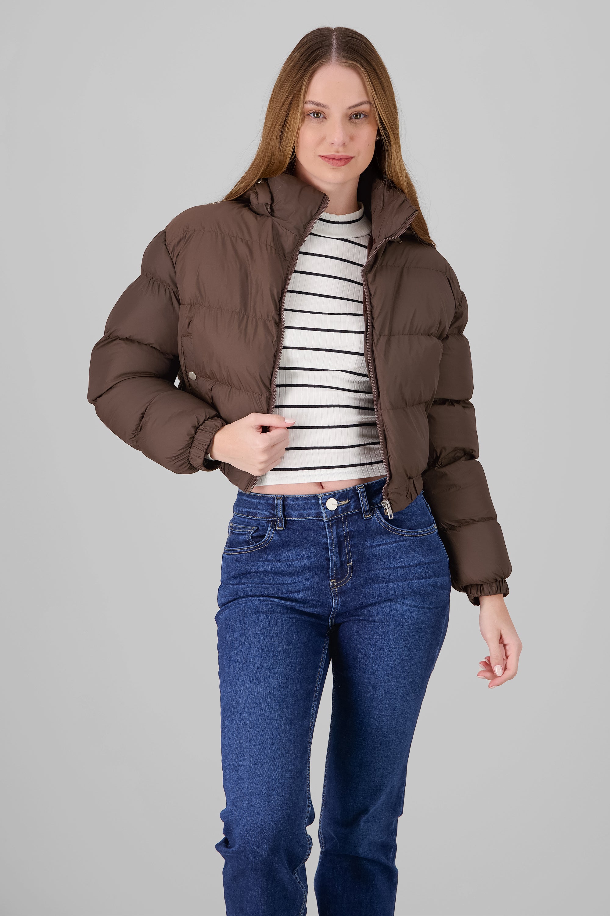 Cropped quilted puffer jacket CHOCOLATE