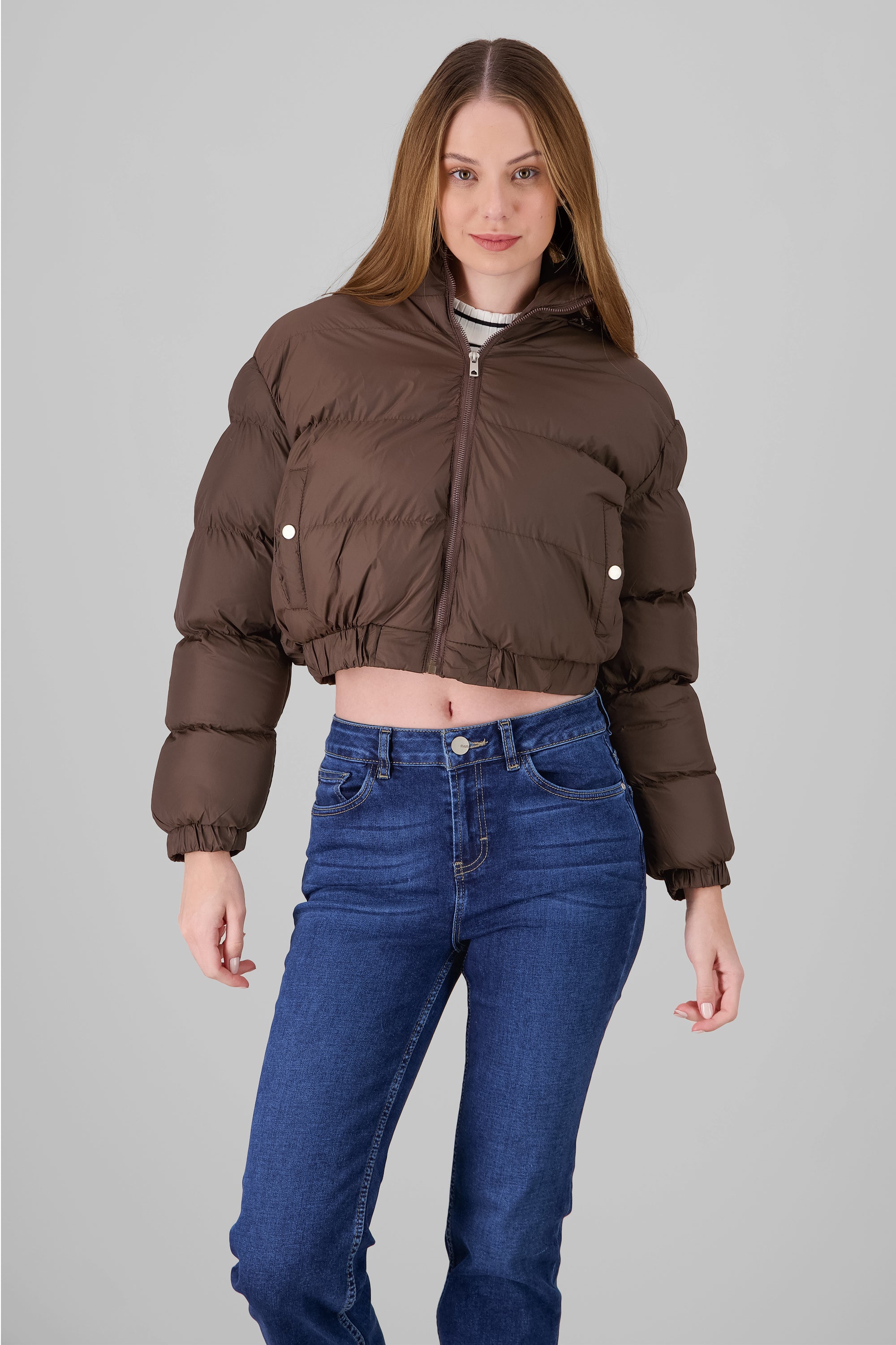 Cropped quilted puffer jacket CHOCOLATE