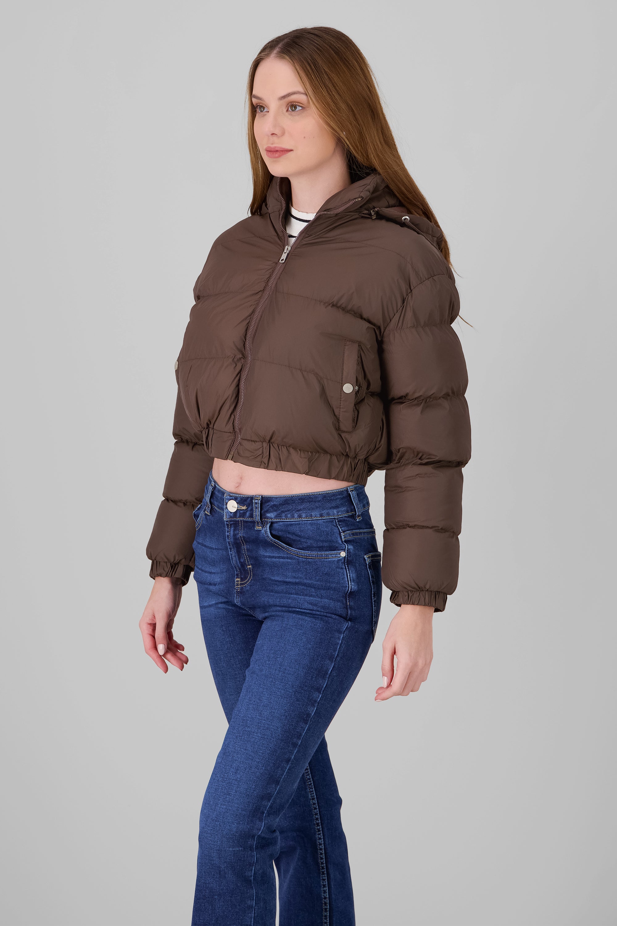 Cropped quilted puffer jacket CHOCOLATE