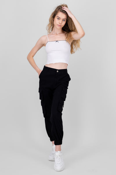 Solid High Waisted Cargo Jeans BLACK