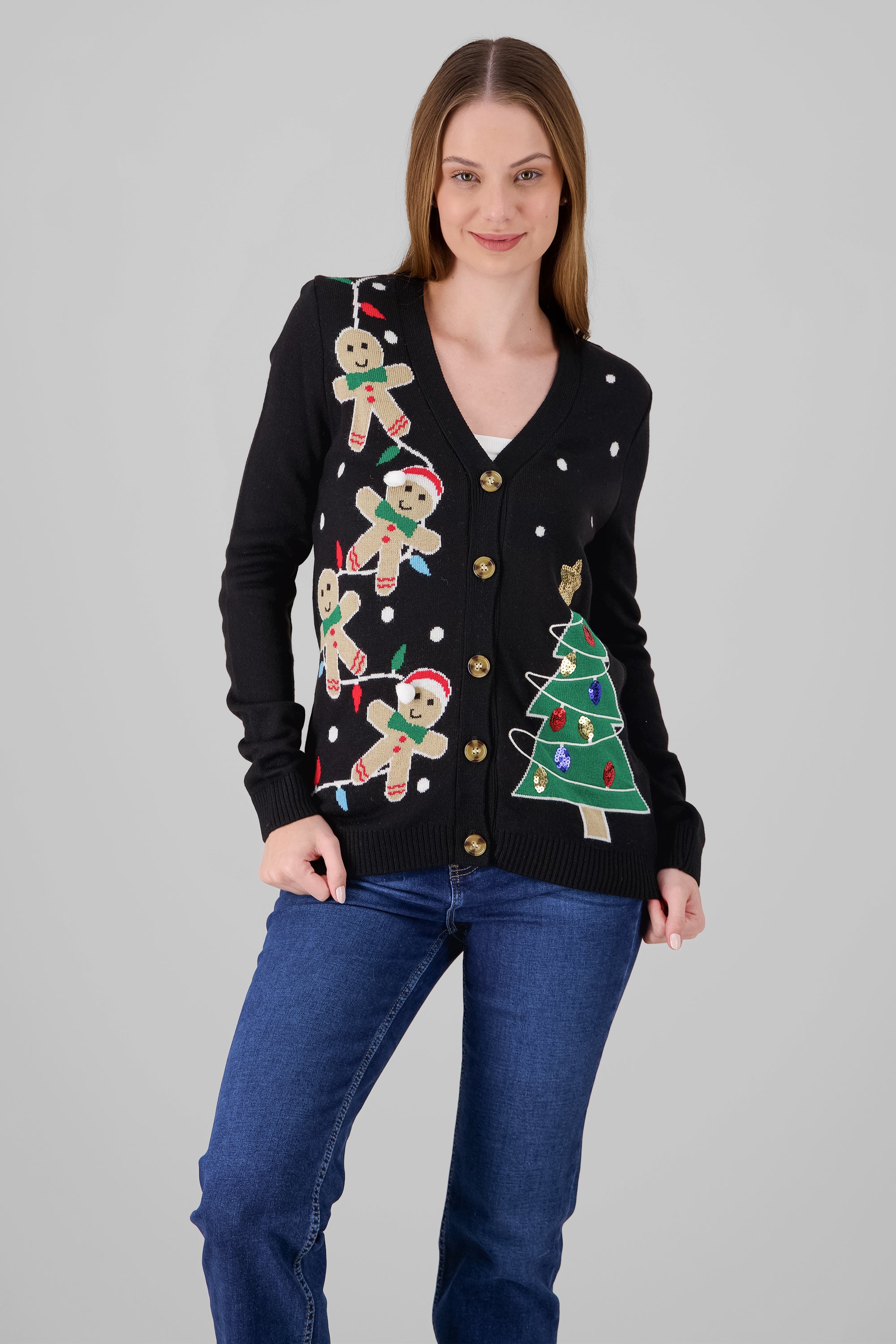 Gingerbread Cookie Christmas Cardigan BLACK COMBO