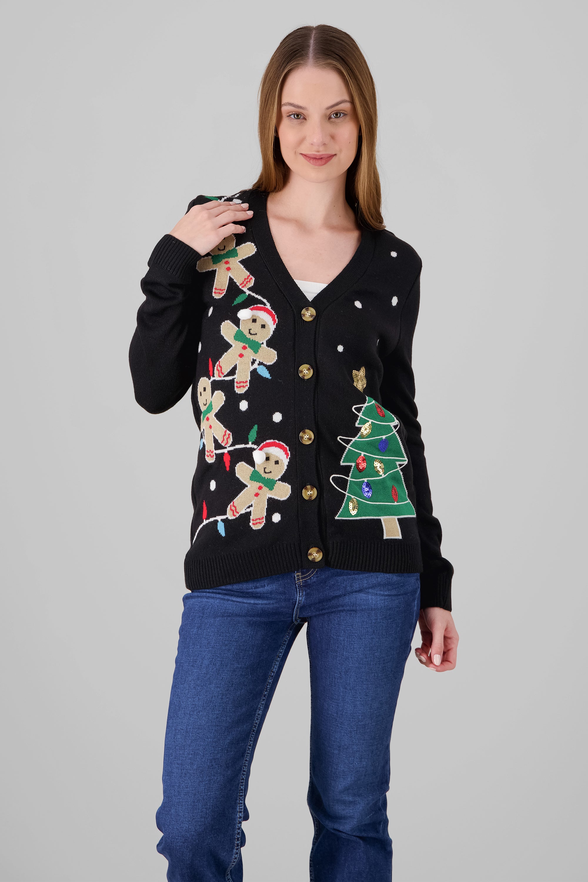 Gingerbread Cookie Christmas Cardigan BLACK COMBO