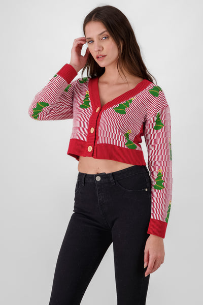 Cropped Christmas Cardigan RED COMBO