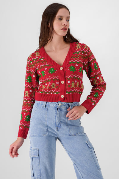 Cropped Christmas Cardigan RED COMBO