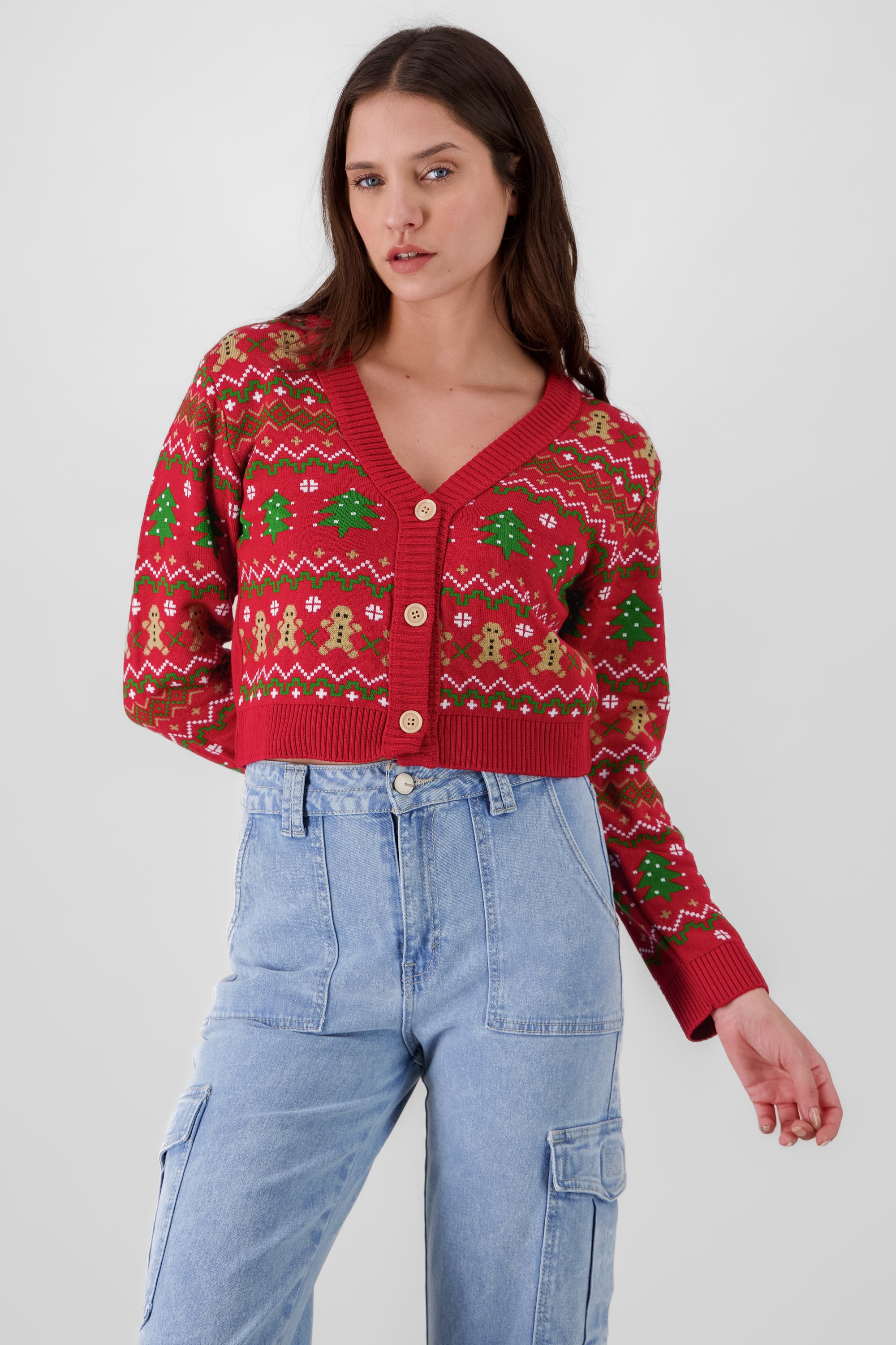 Cropped Christmas Cardigan RED COMBO