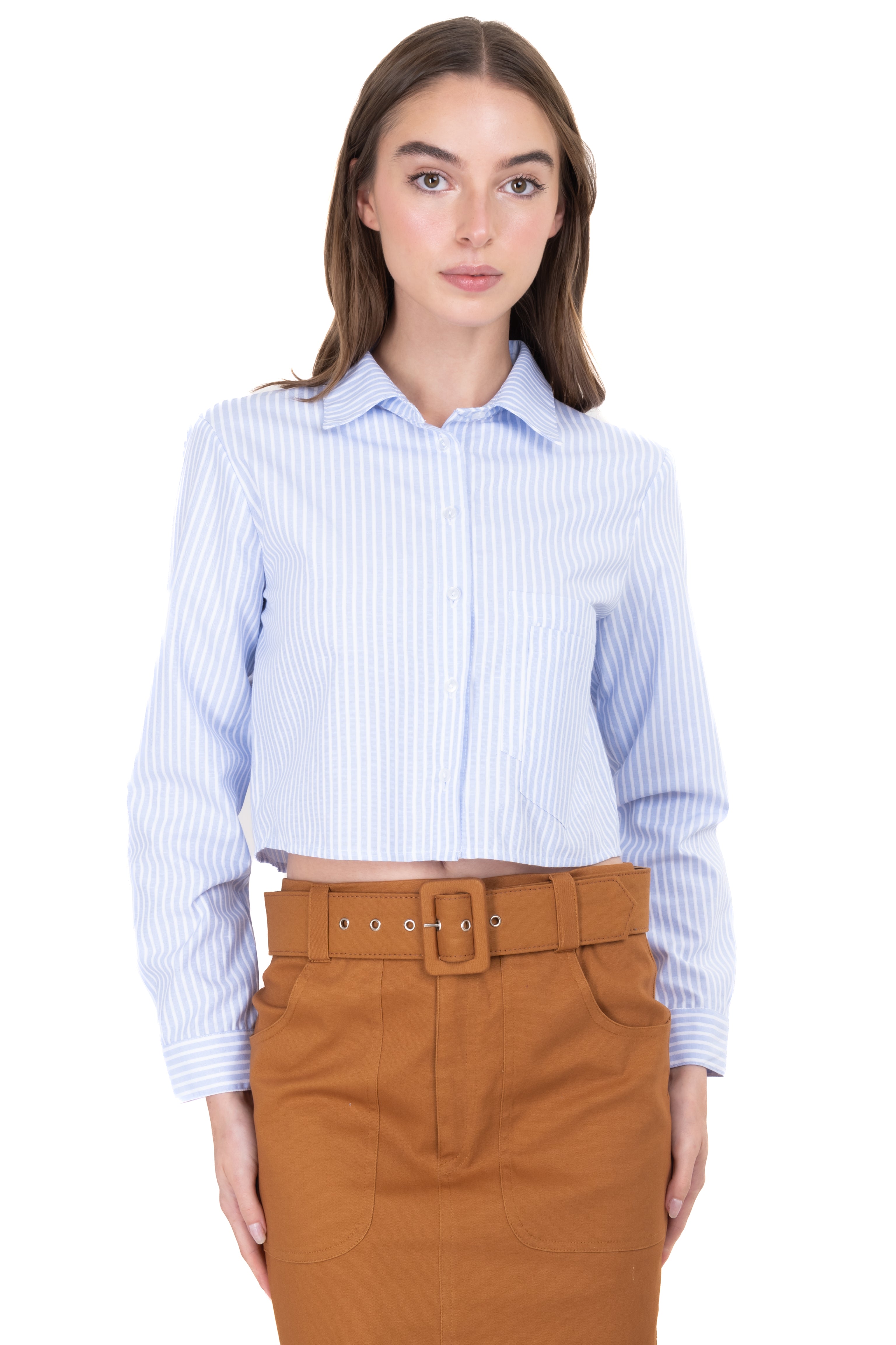 Striped crop blouse with double pockets BLUE COMBO