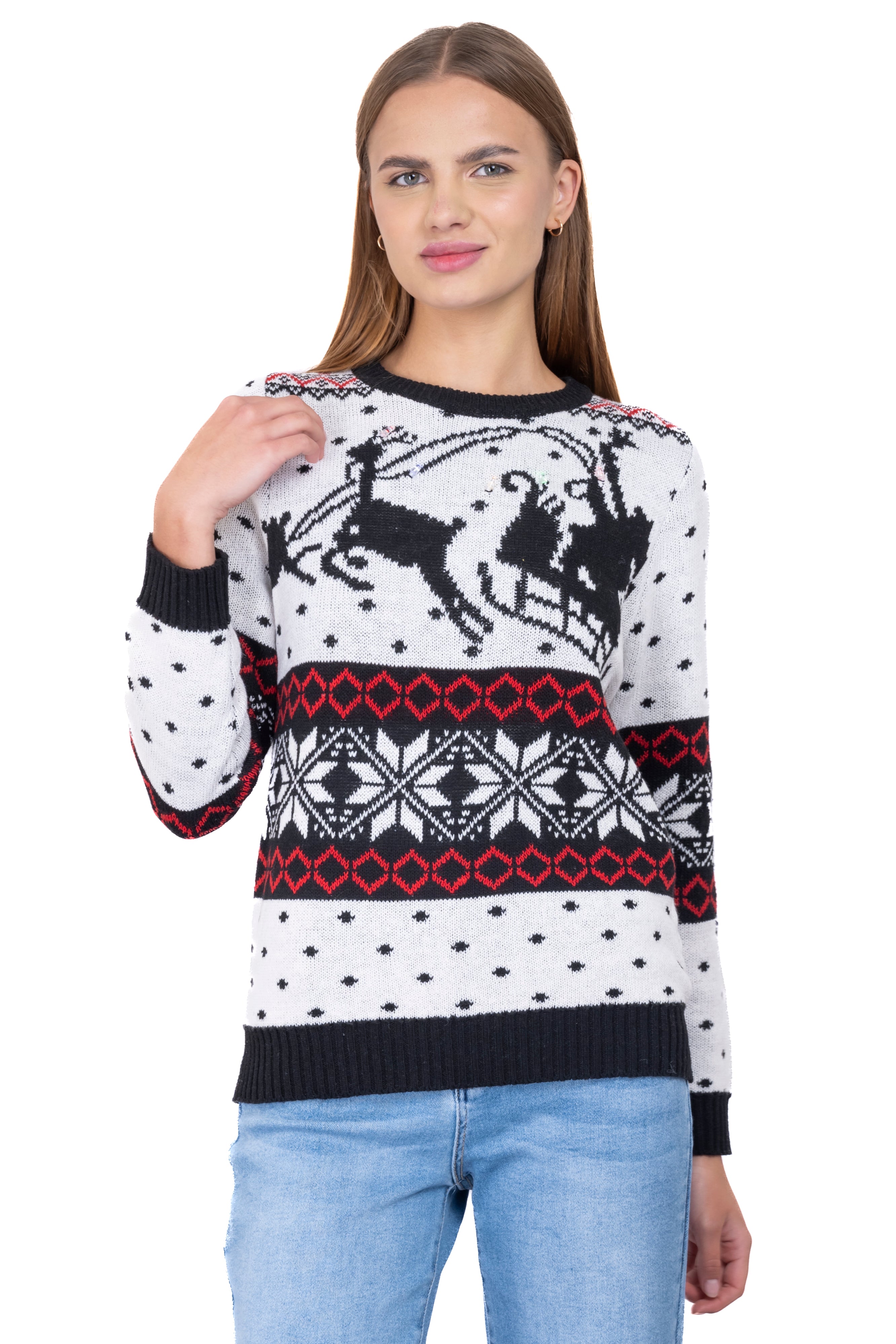 LED Lights Sleigh Christmas Sweater WHITE COMBO