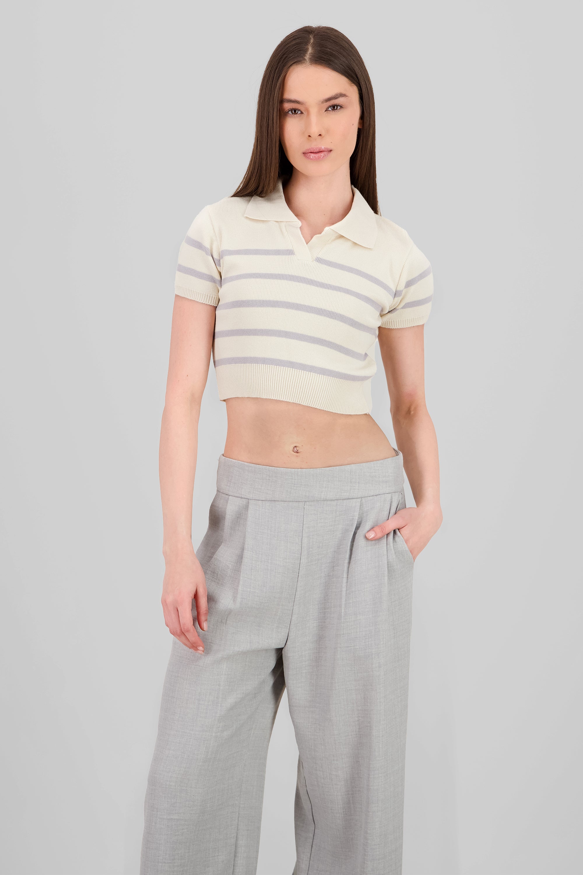 Striped Print Short Sleeve Polo Neck GRAY