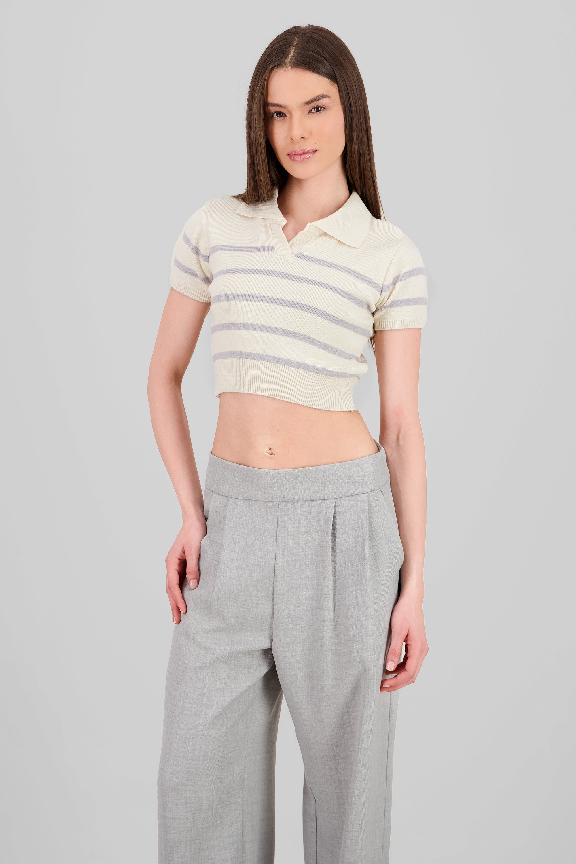 Striped Print Short Sleeve Polo Neck GRAY