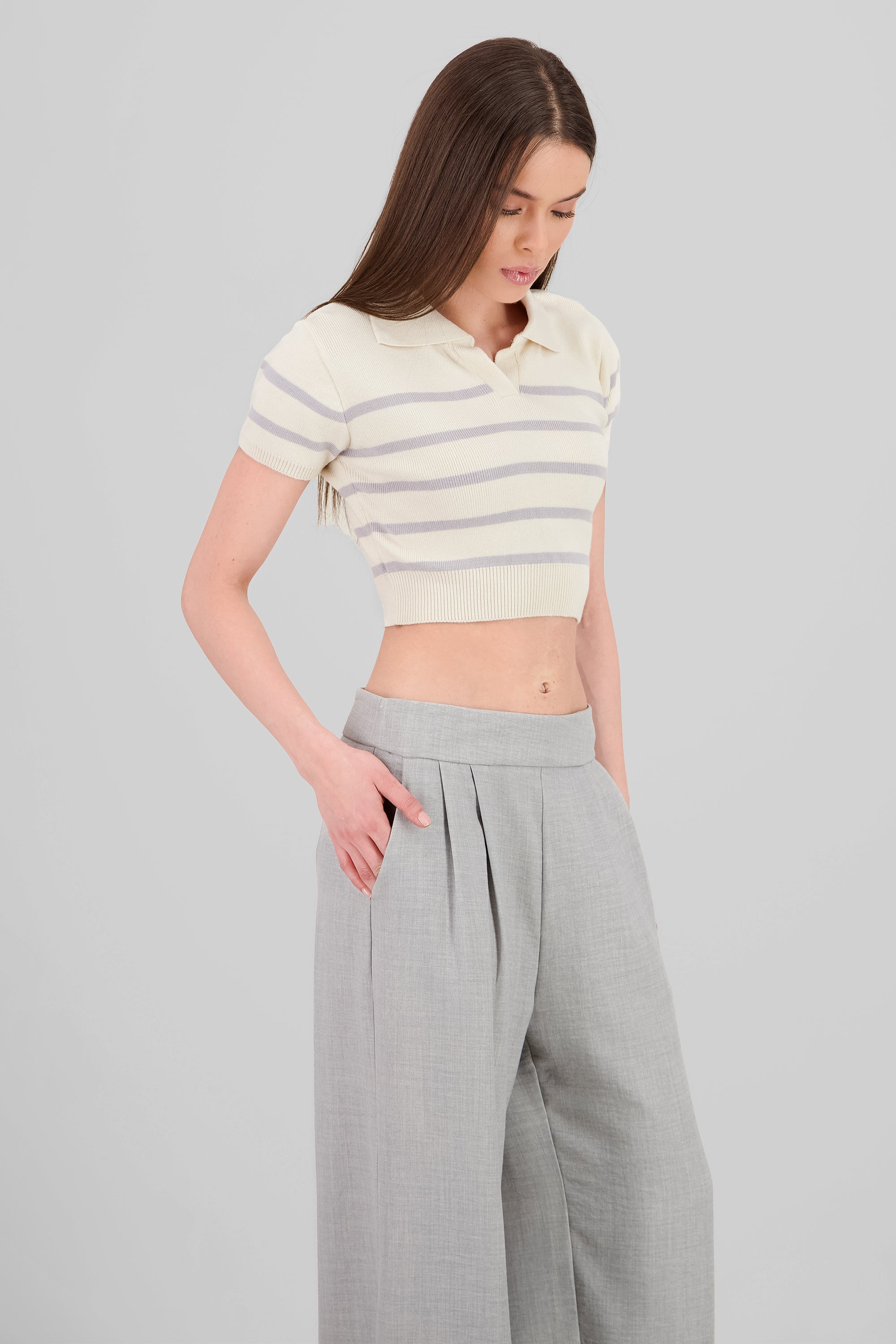 Striped Print Short Sleeve Polo Neck GRAY