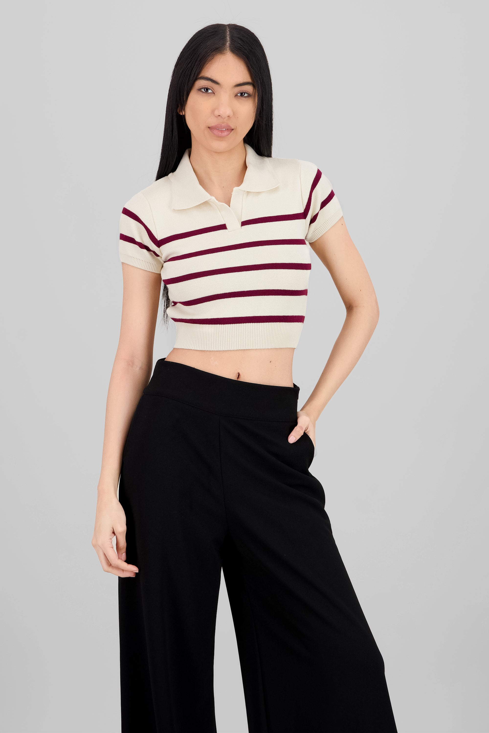 Striped Print Short Sleeve Polo Neck BURGUNDY