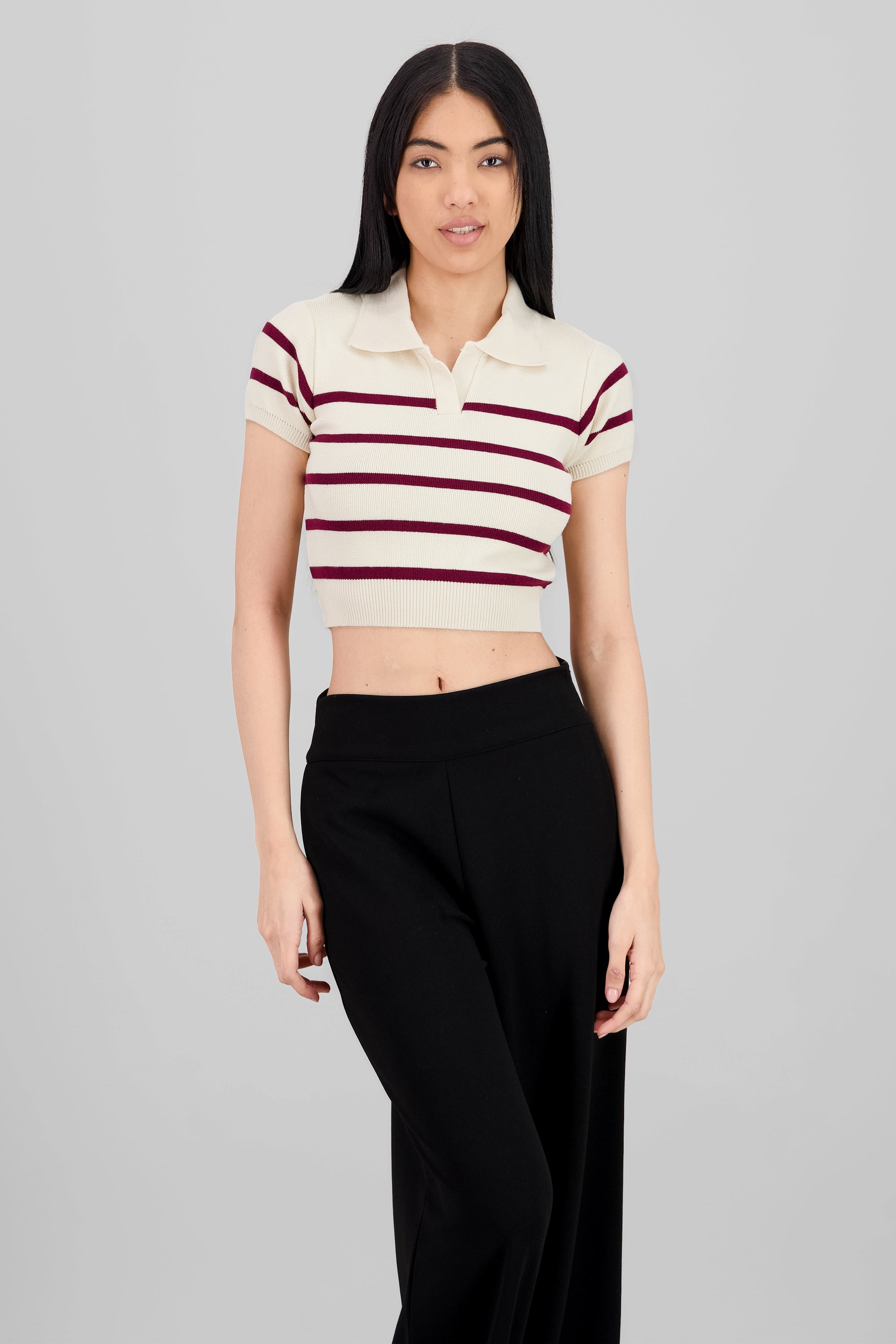 Striped Print Short Sleeve Polo Neck BURGUNDY