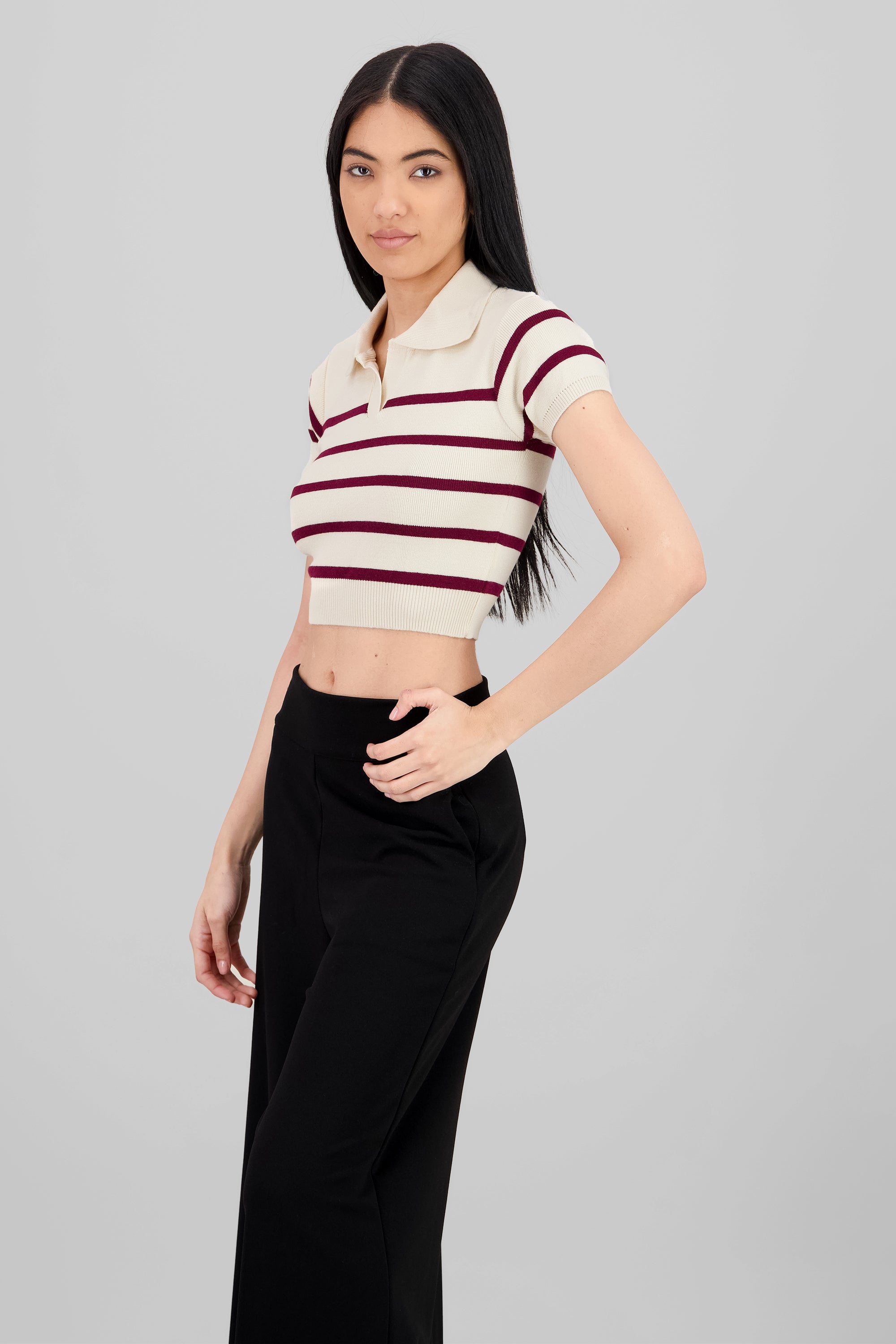 Striped Print Short Sleeve Polo Neck BURGUNDY