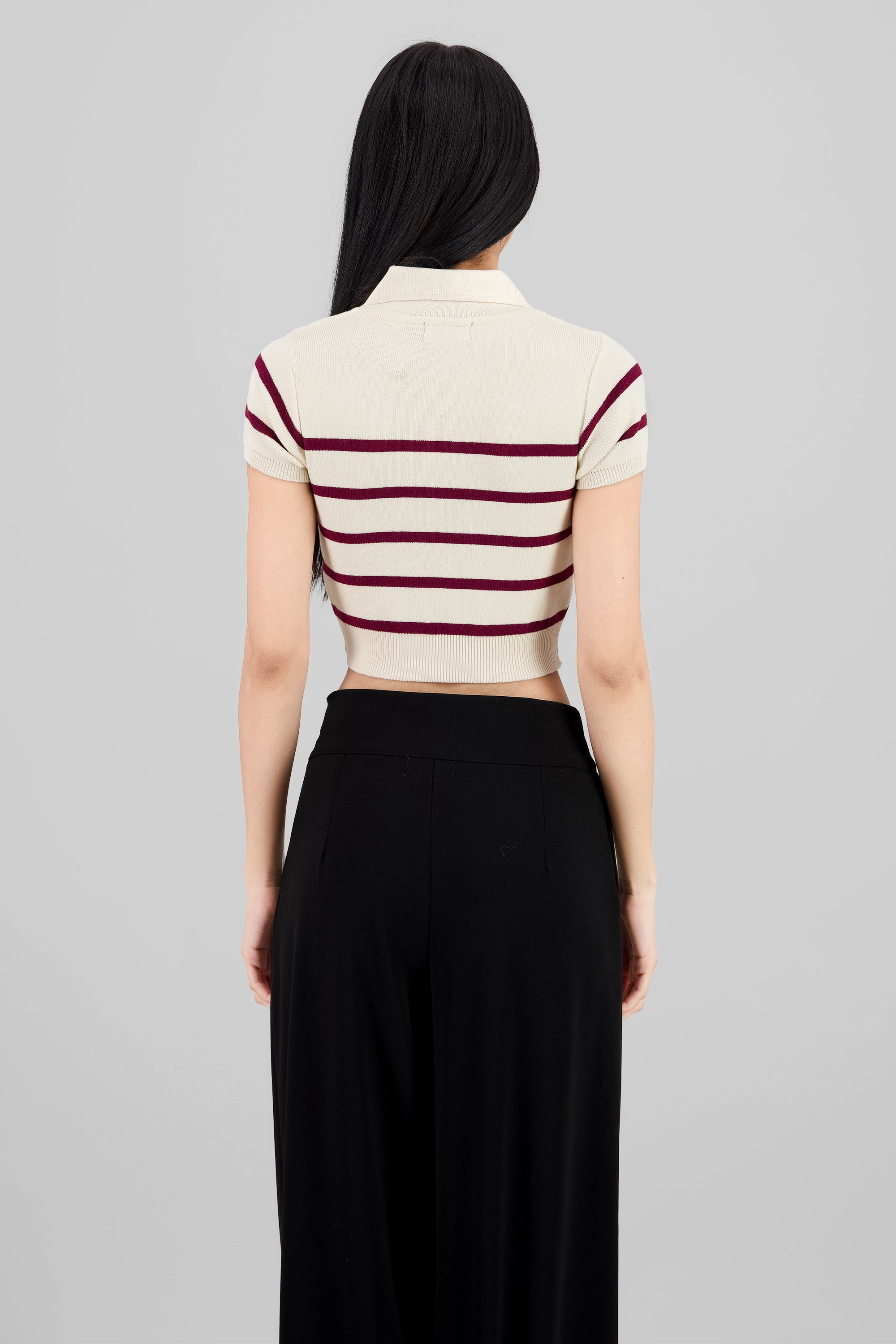 Striped Print Short Sleeve Polo Neck BURGUNDY