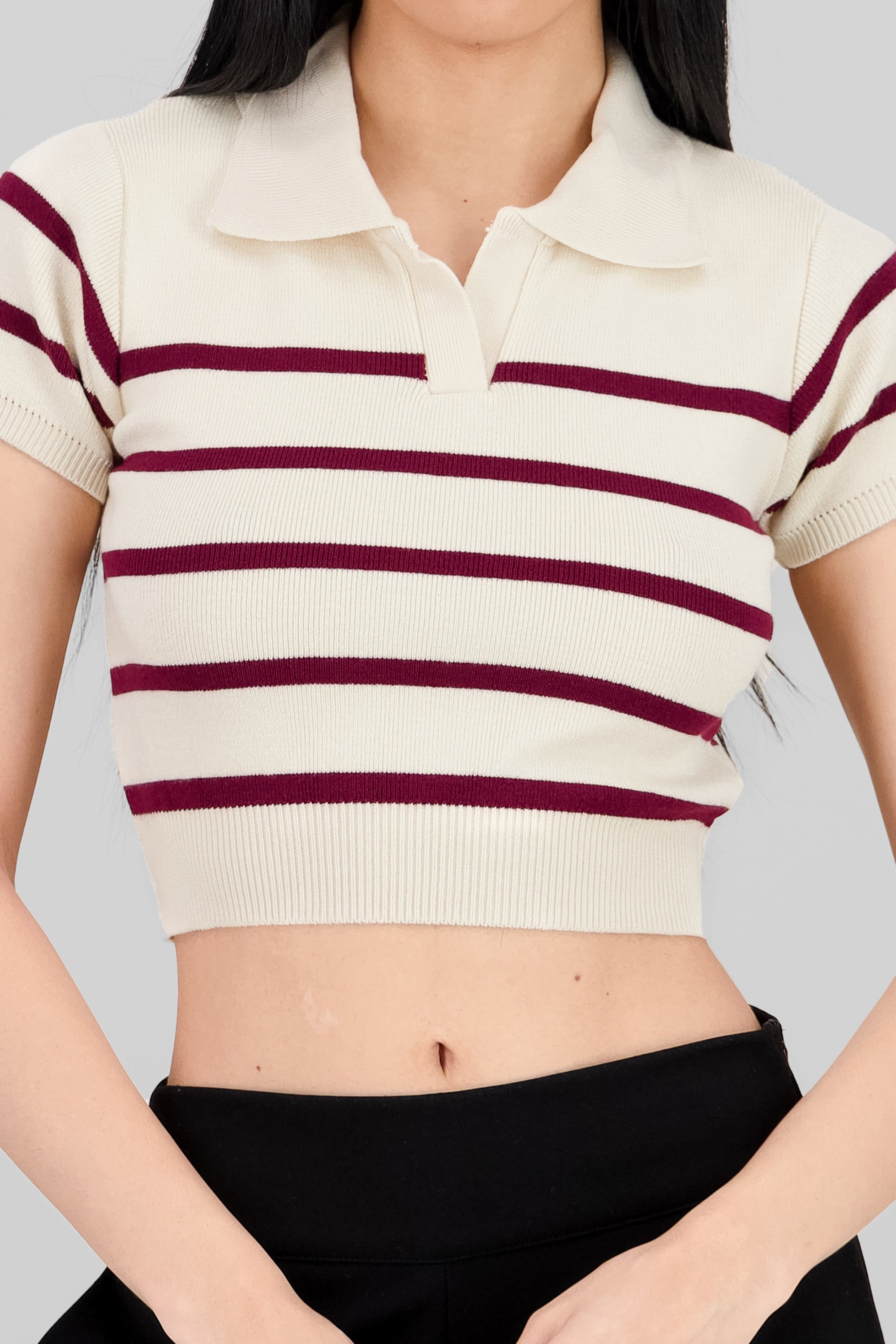 Striped Print Short Sleeve Polo Neck BURGUNDY