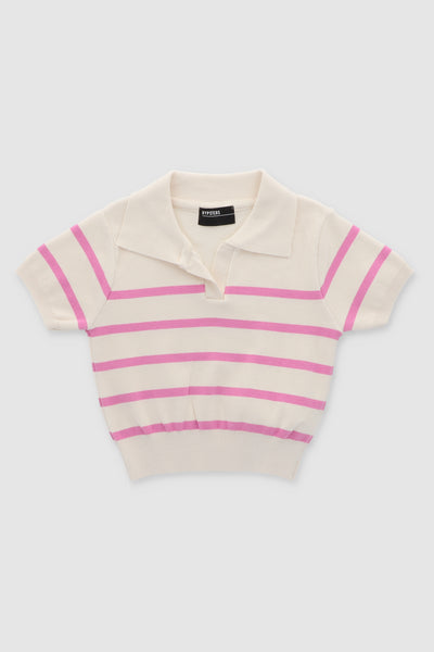 Striped Print Short Sleeve Polo Neck BONE COMBO