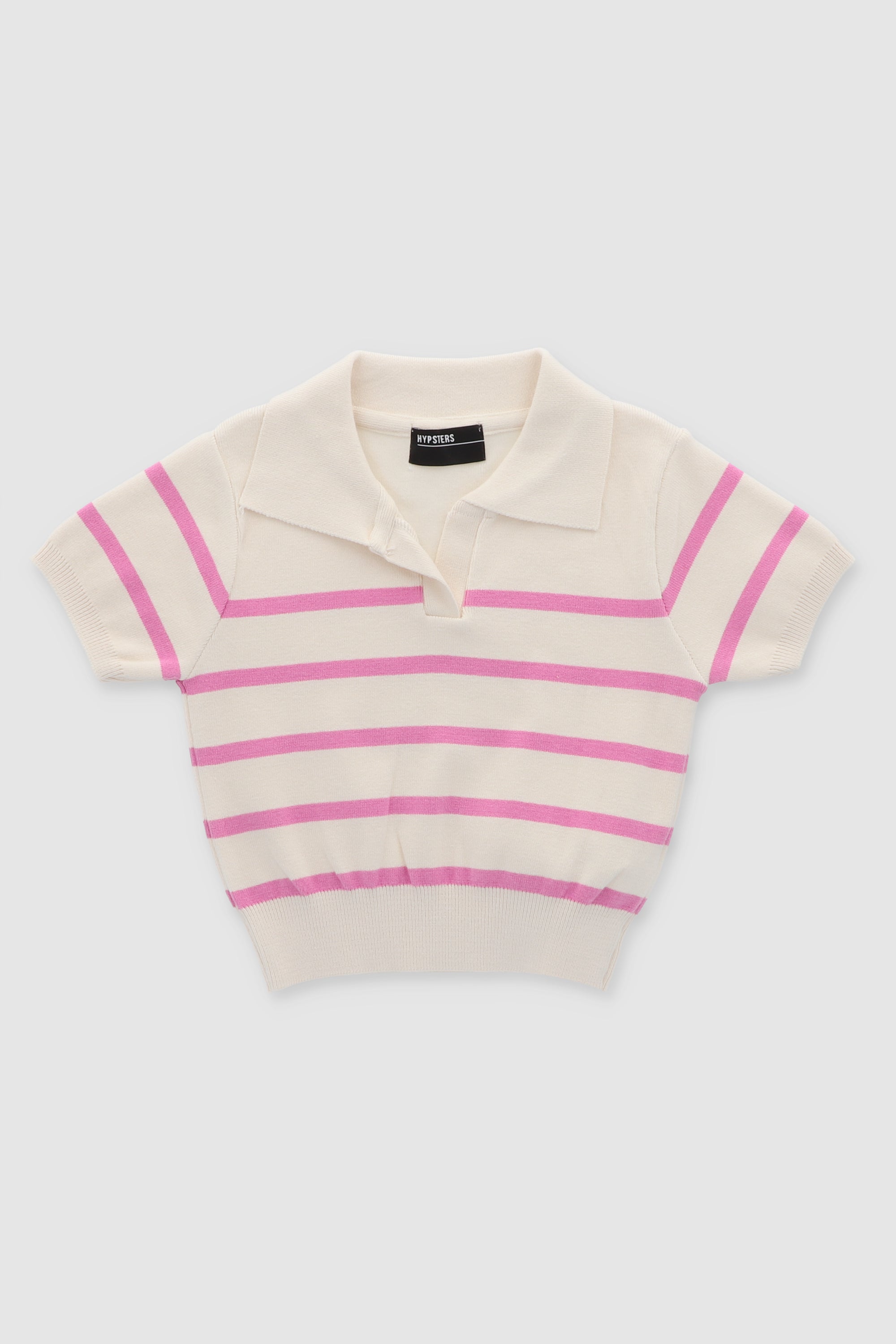 Striped Print Short Sleeve Polo Neck BRIGHT PINK