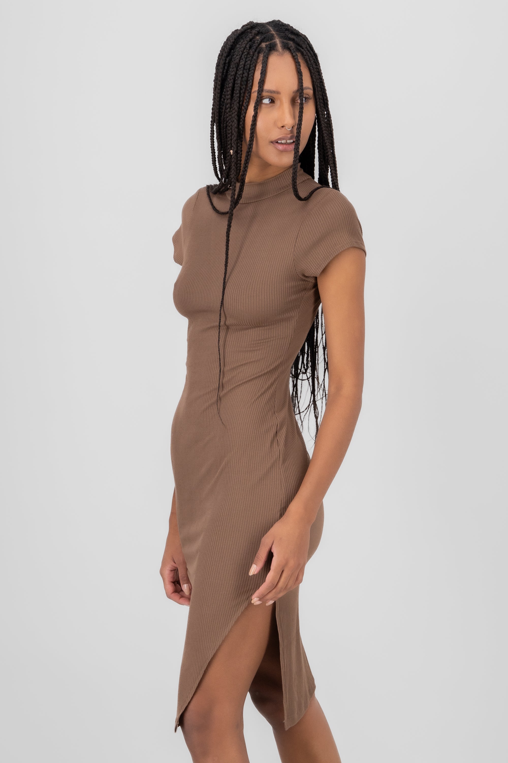 Shortsleeved mini bodycon dress BROWN