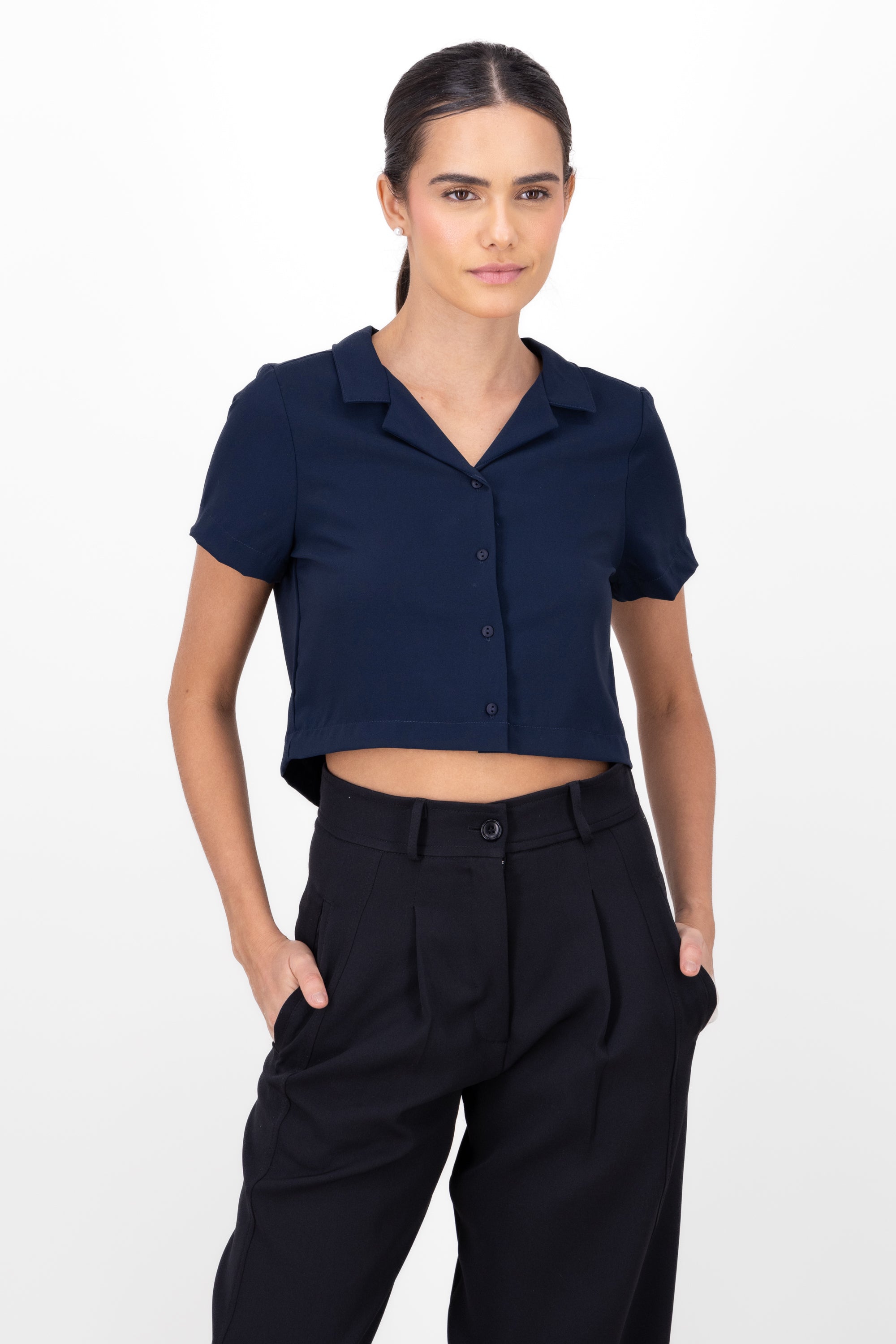 Boxy short sleeved crop blouse NAVY