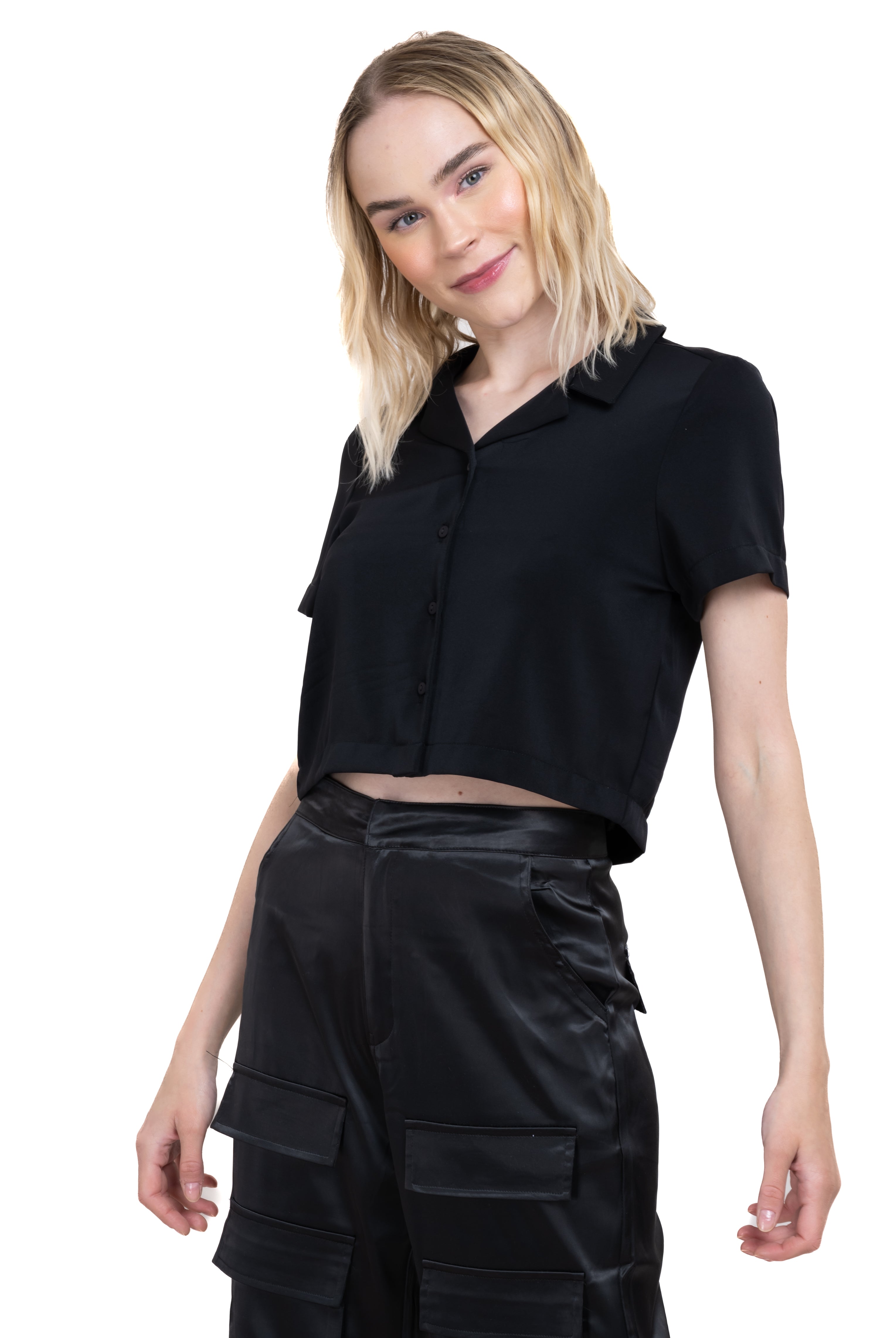 Boxy short sleeved crop blouse BLACK