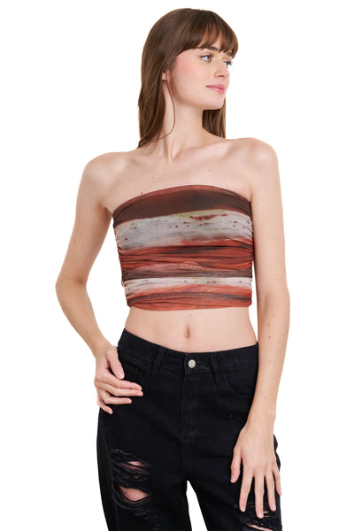 Printed mesh strapless top BROWN COMBO