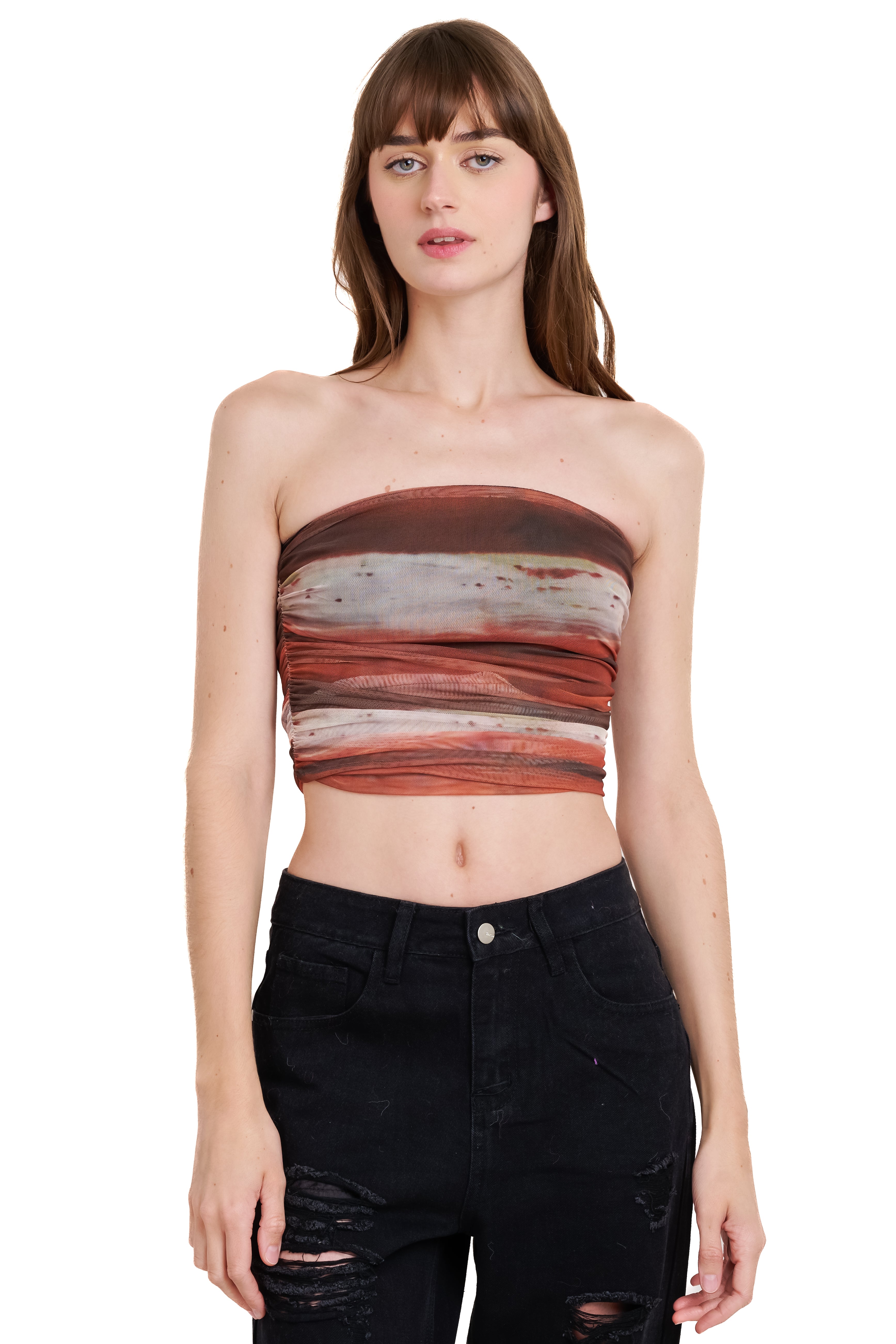 Printed mesh strapless top BROWN COMBO