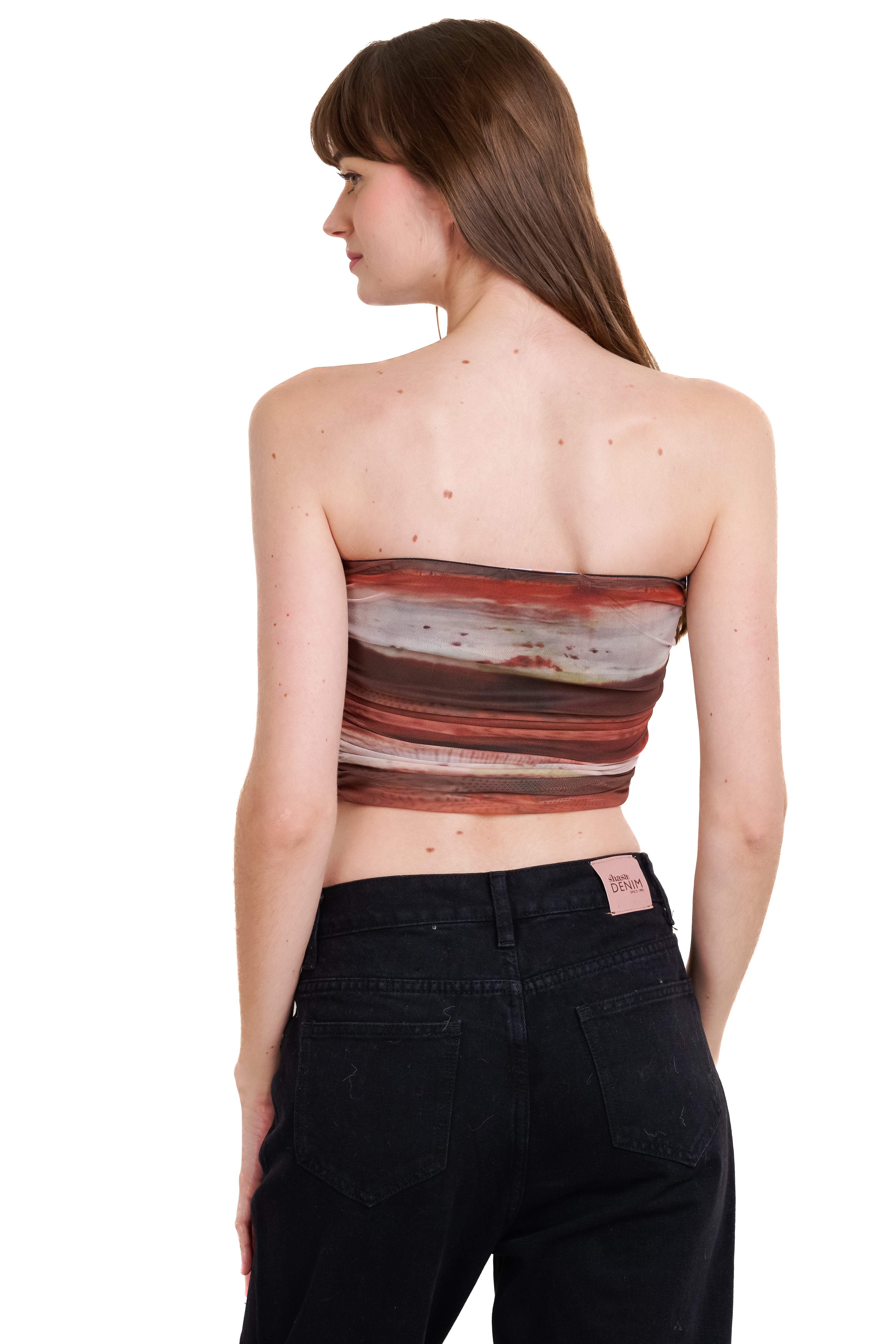 Printed mesh strapless top BROWN COMBO