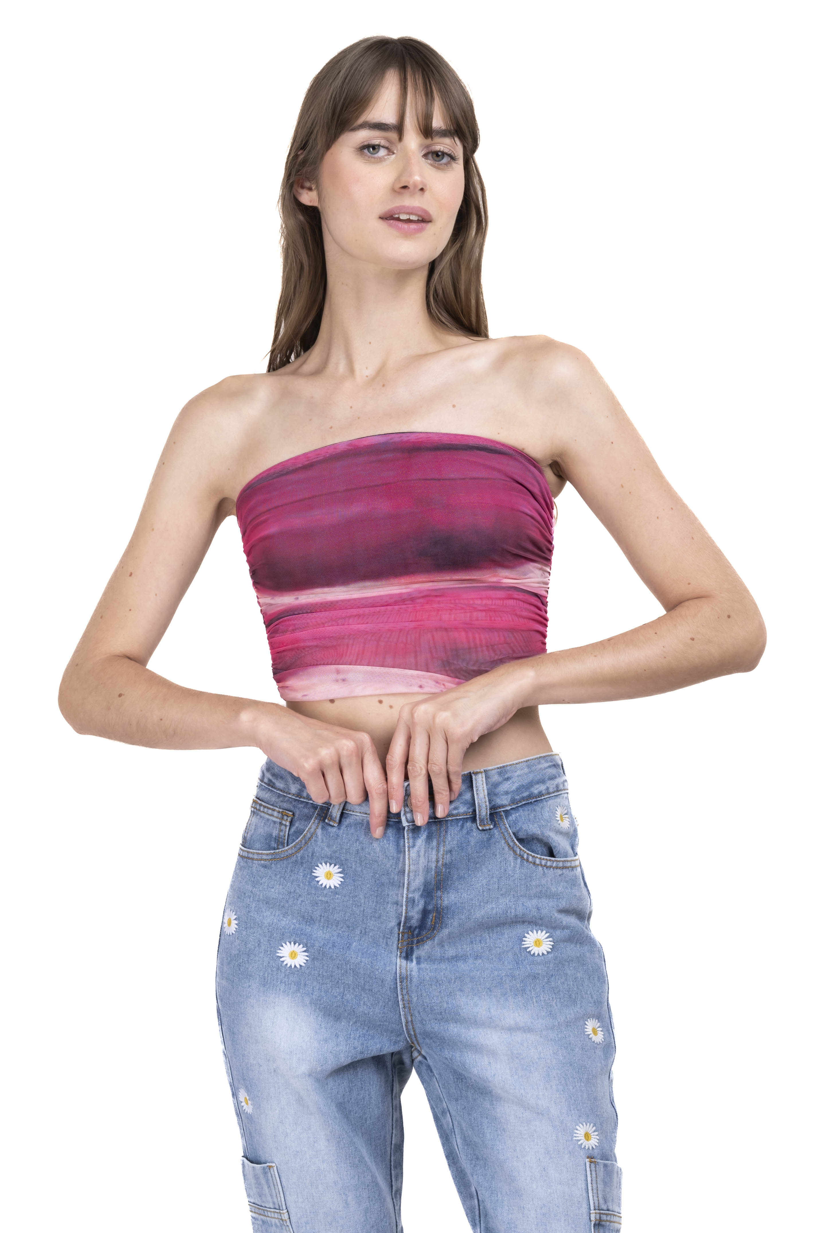 Printed mesh strapless top PINK