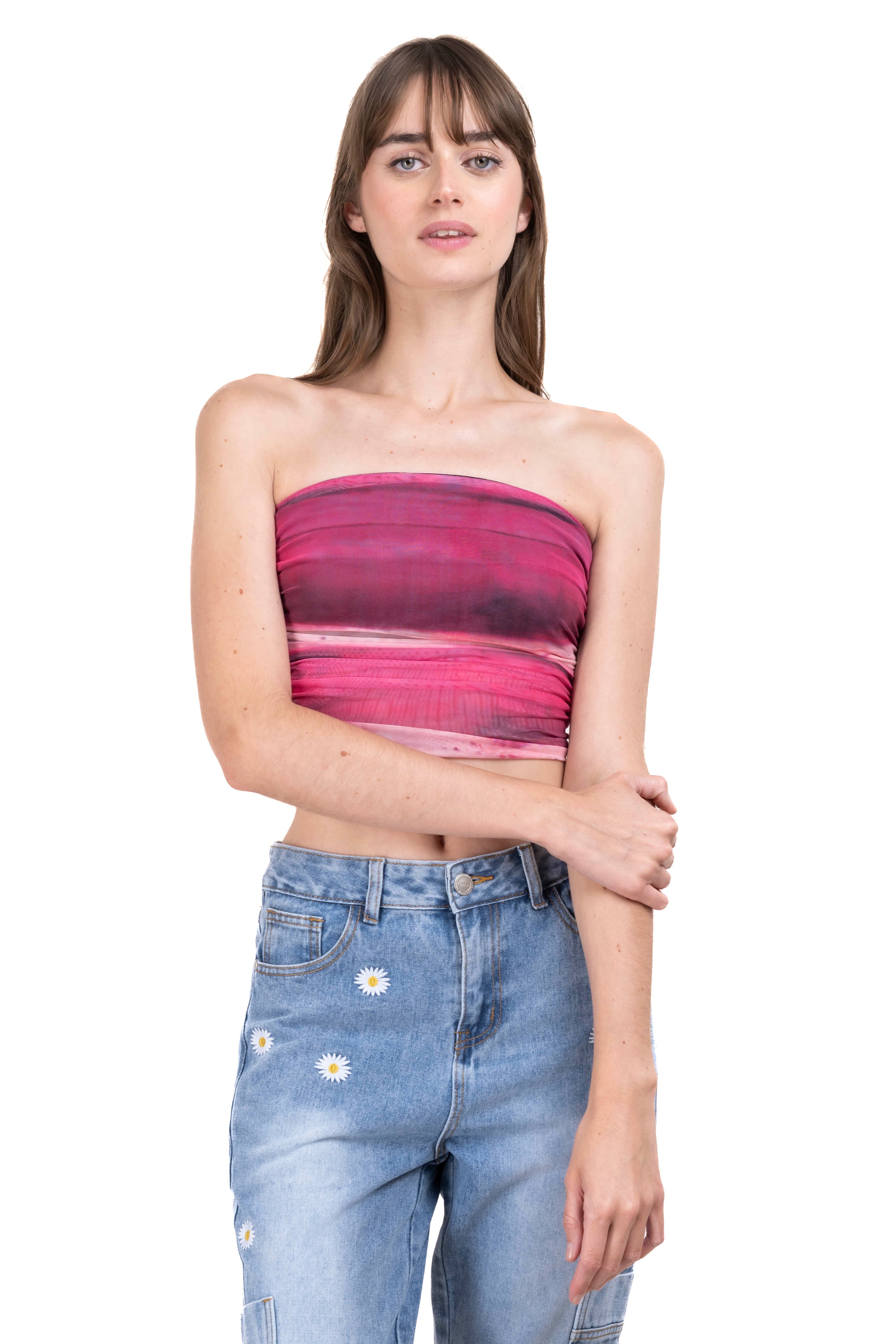 Printed mesh strapless top PINK