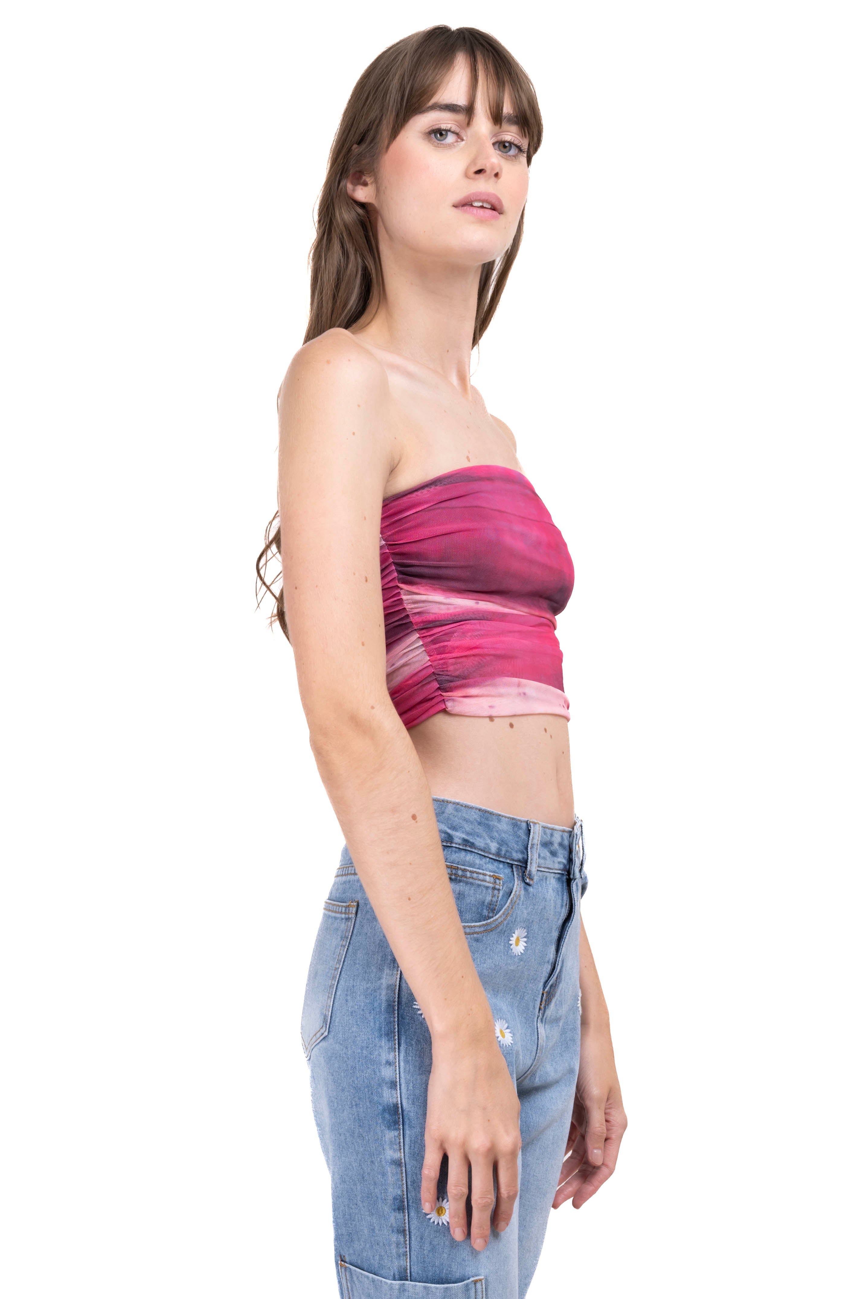 Printed mesh strapless top PINK