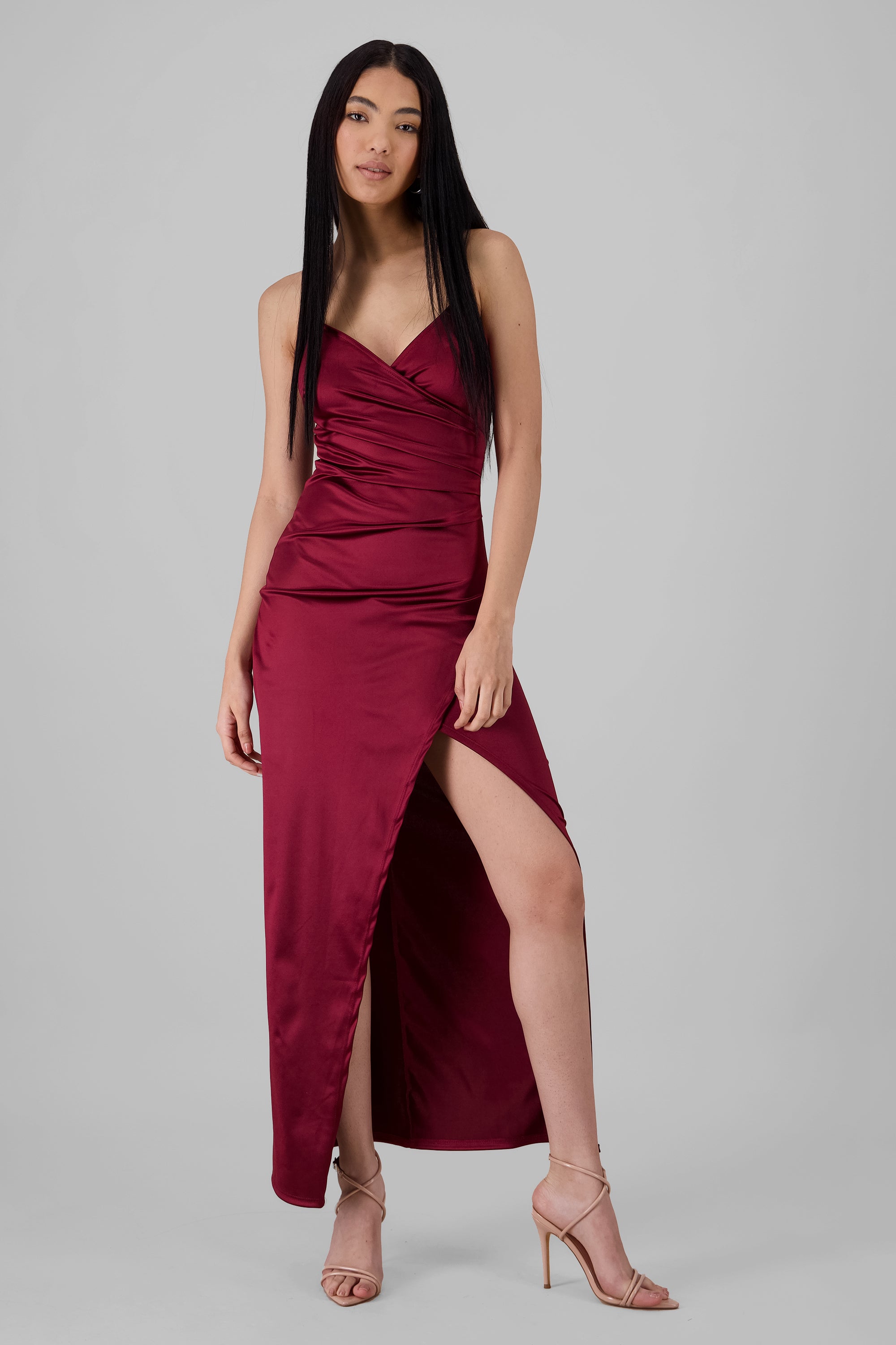 Draped satin dress BURNT RED