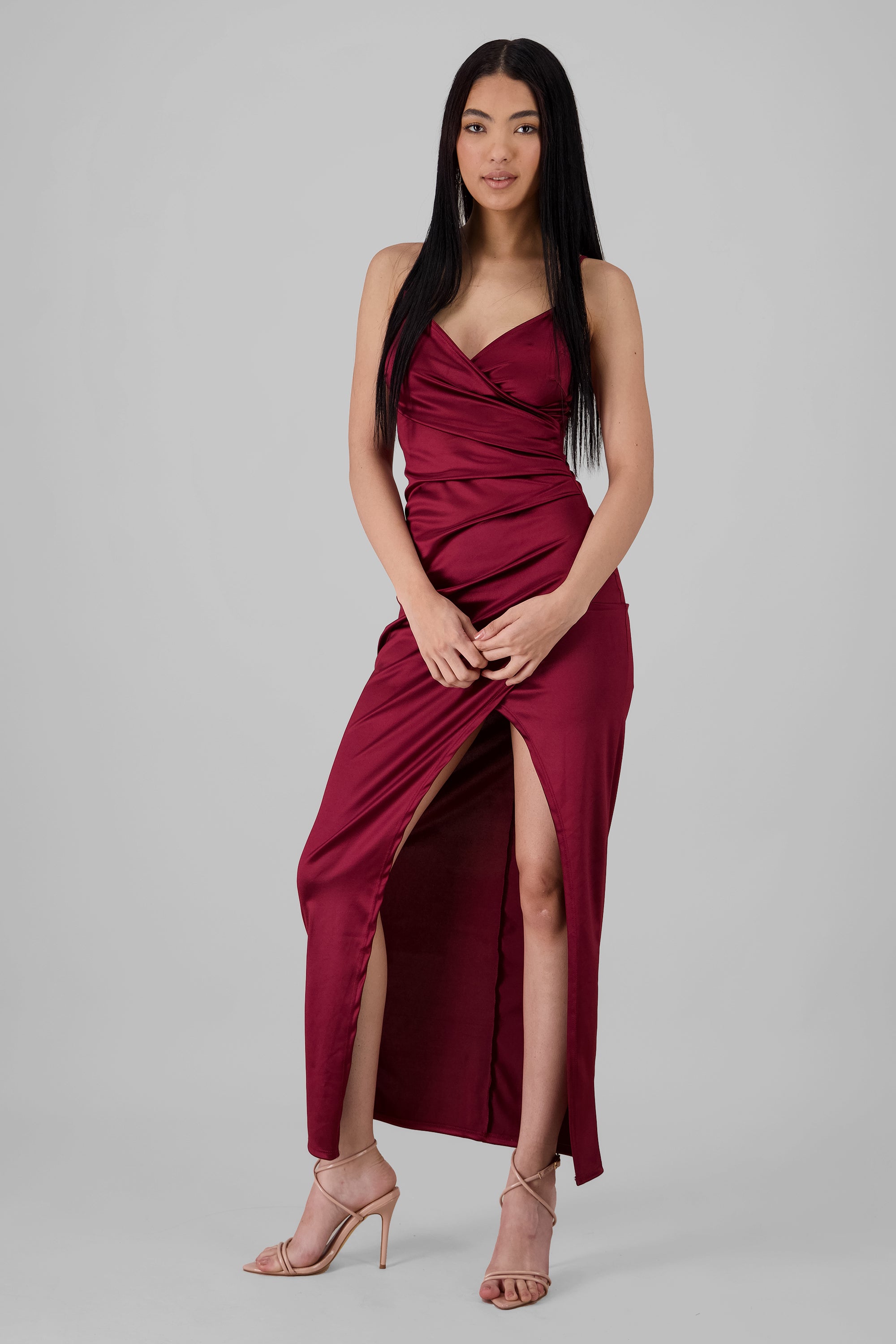 Draped satin dress BURNT RED