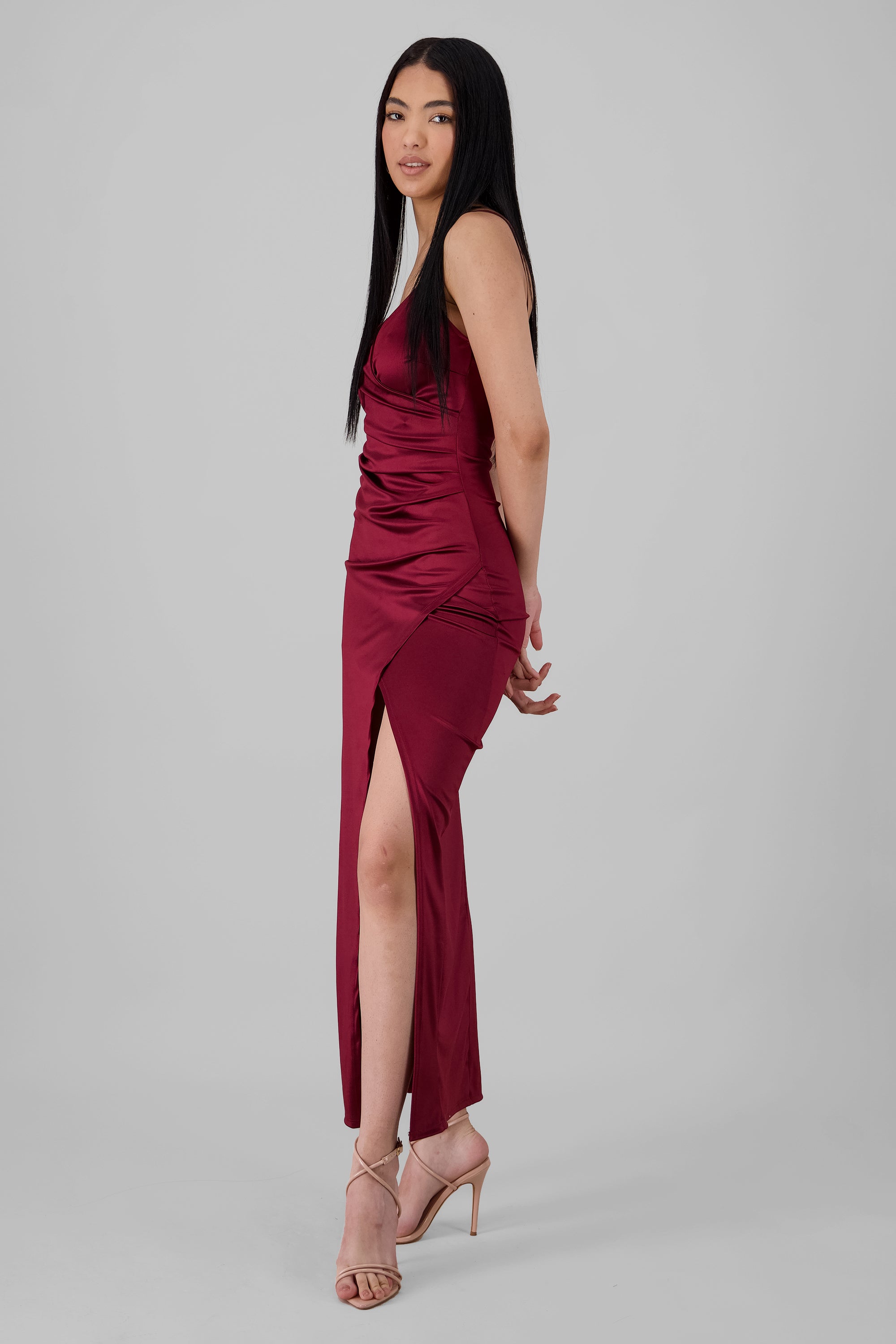 Draped satin dress BURNT RED