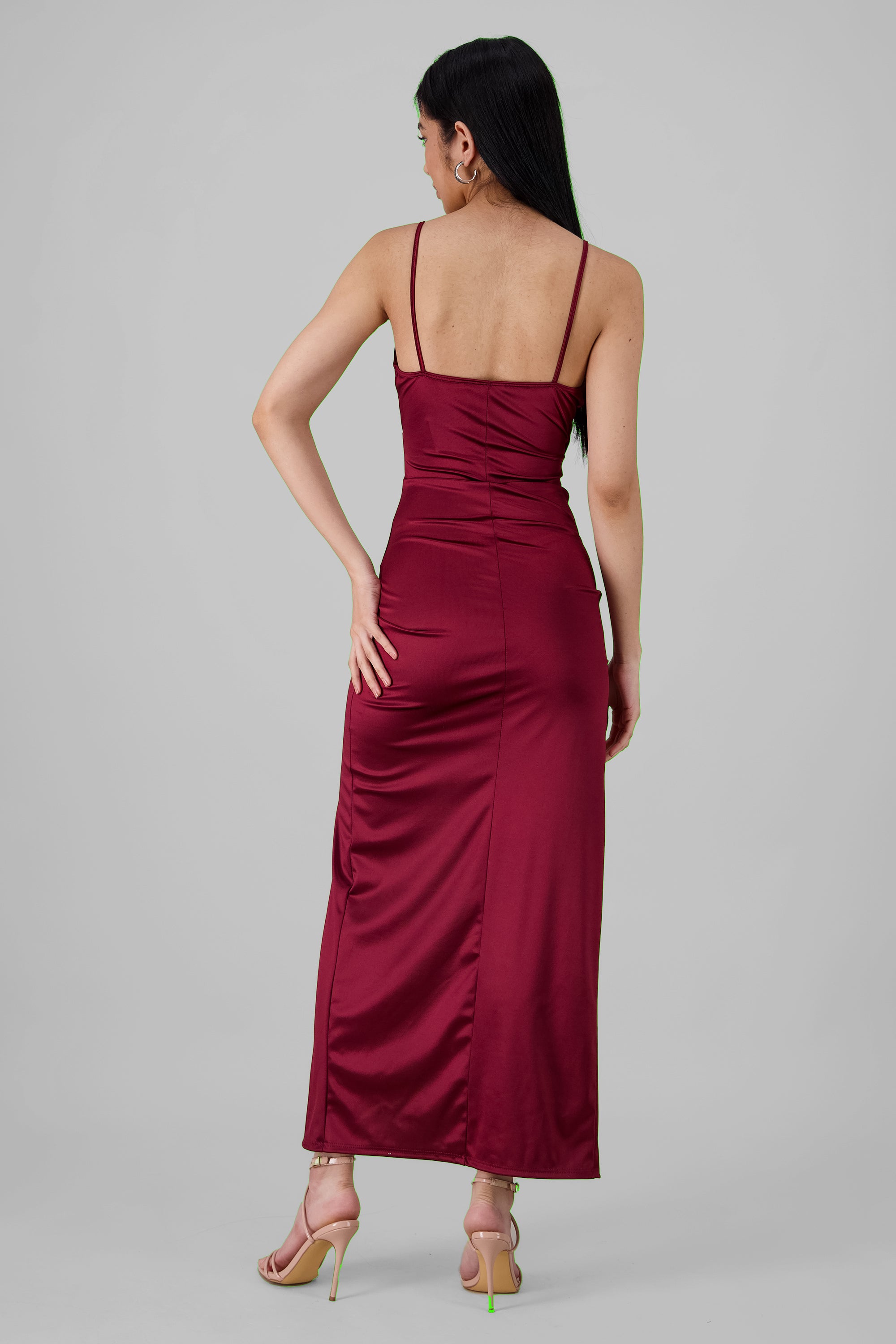 Draped satin dress BURNT RED