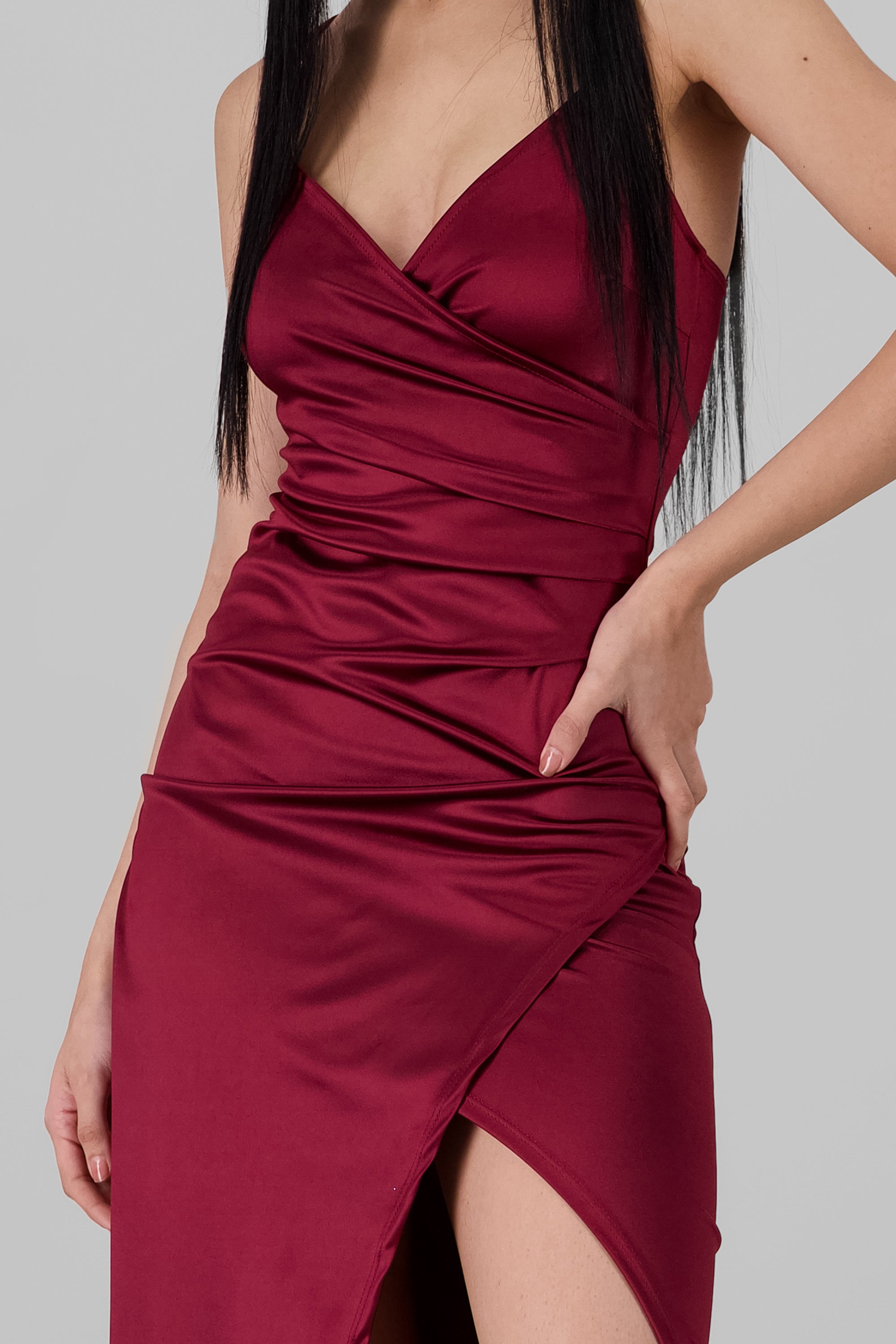 Draped satin dress BURNT RED