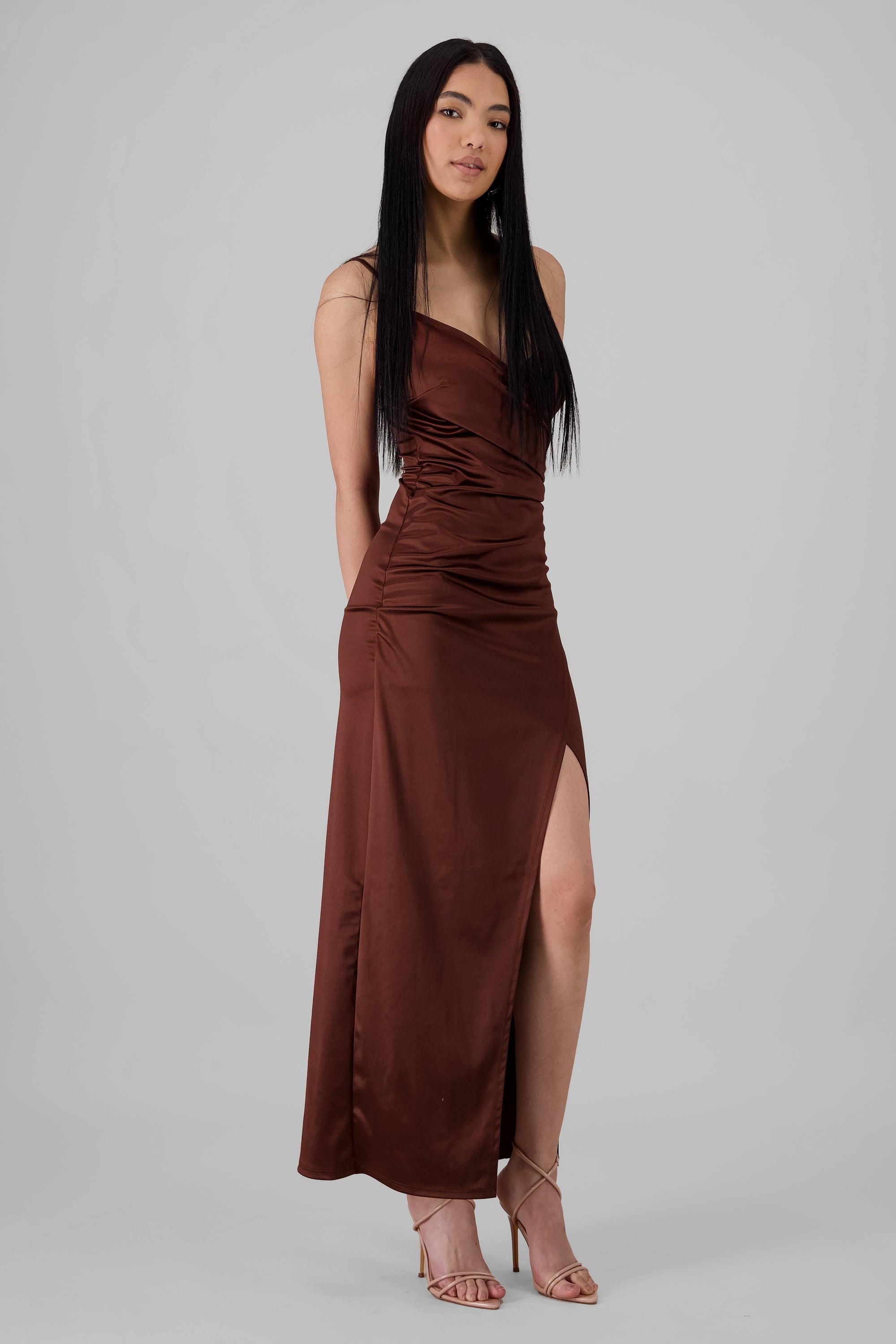 Draped satin dress DARK BROWN