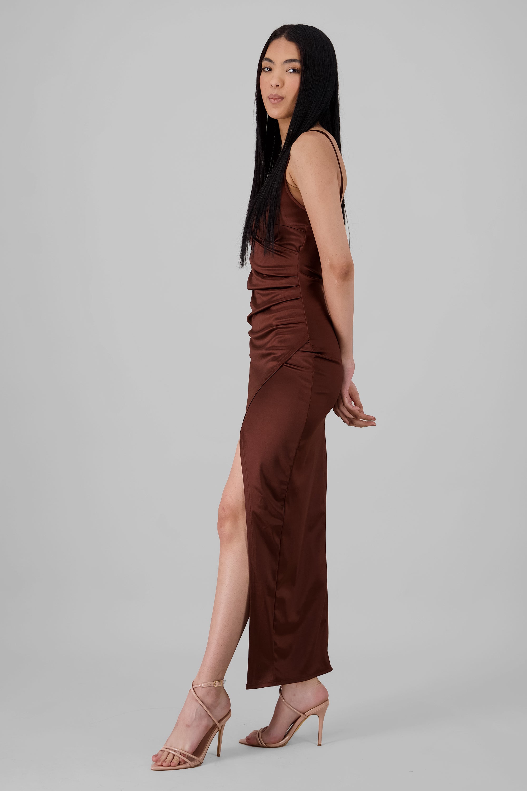 Draped satin dress DARK BROWN