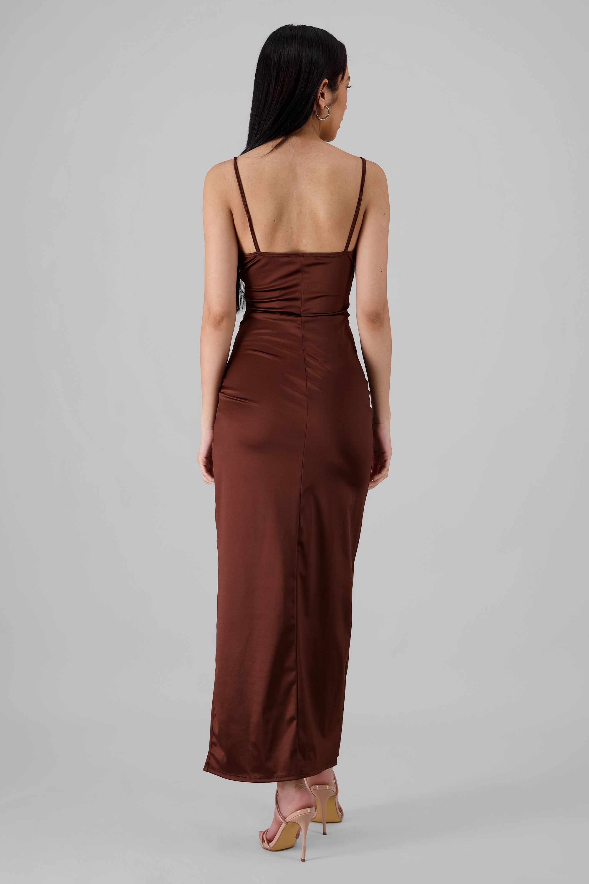 Draped satin dress DARK BROWN