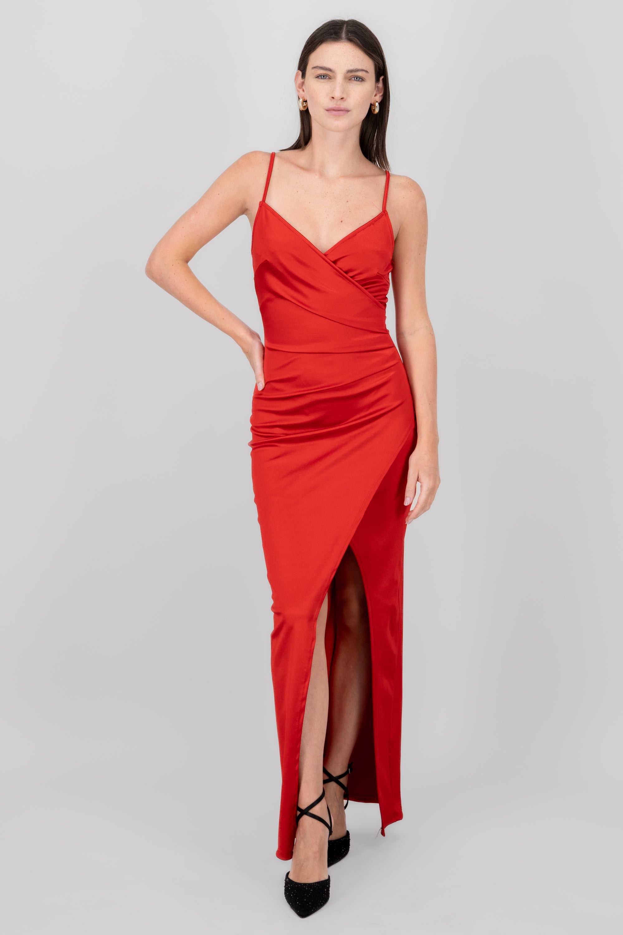 Draped satin dress TOMATO RED