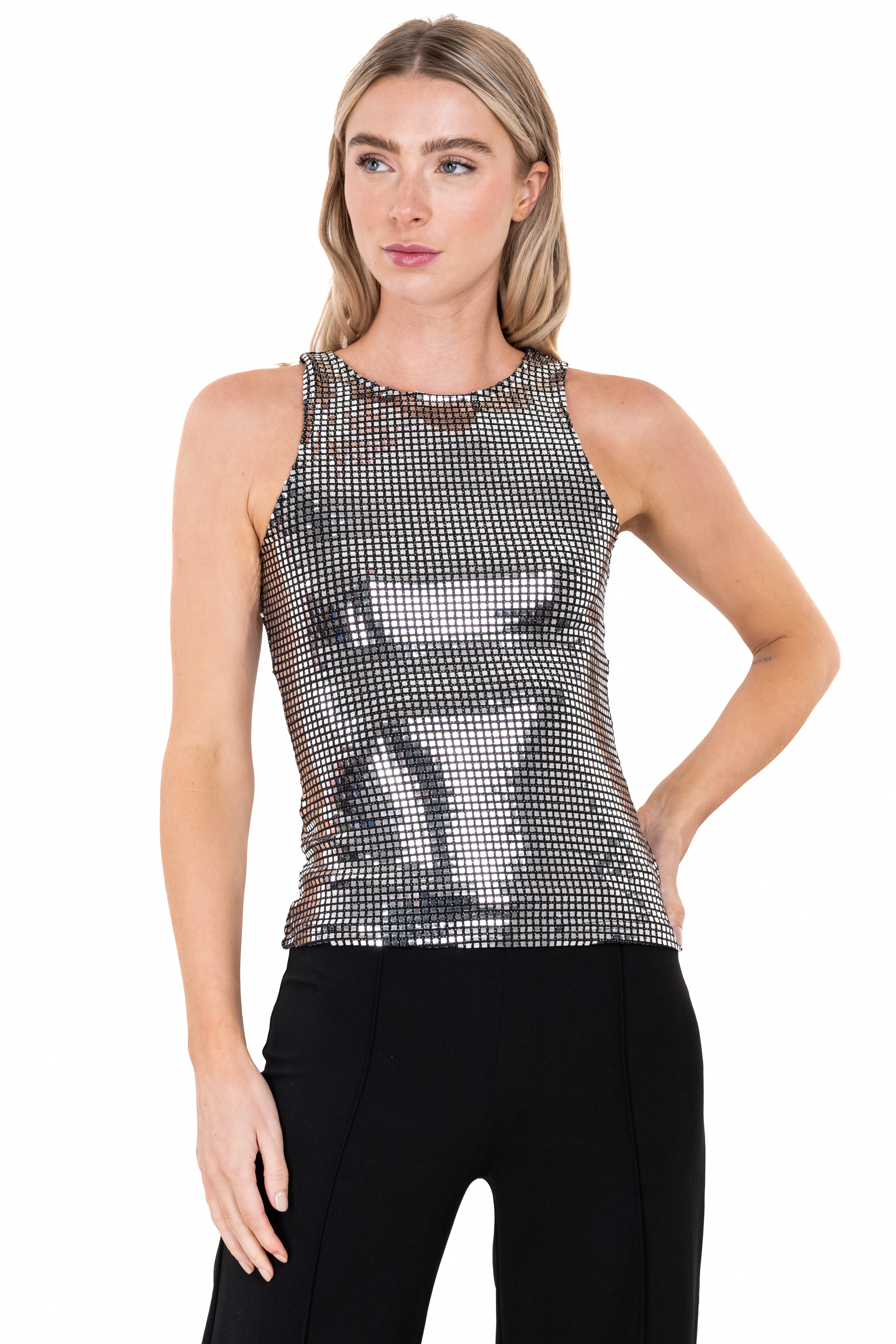 Metallic Sequin Round Neck Top SILVER